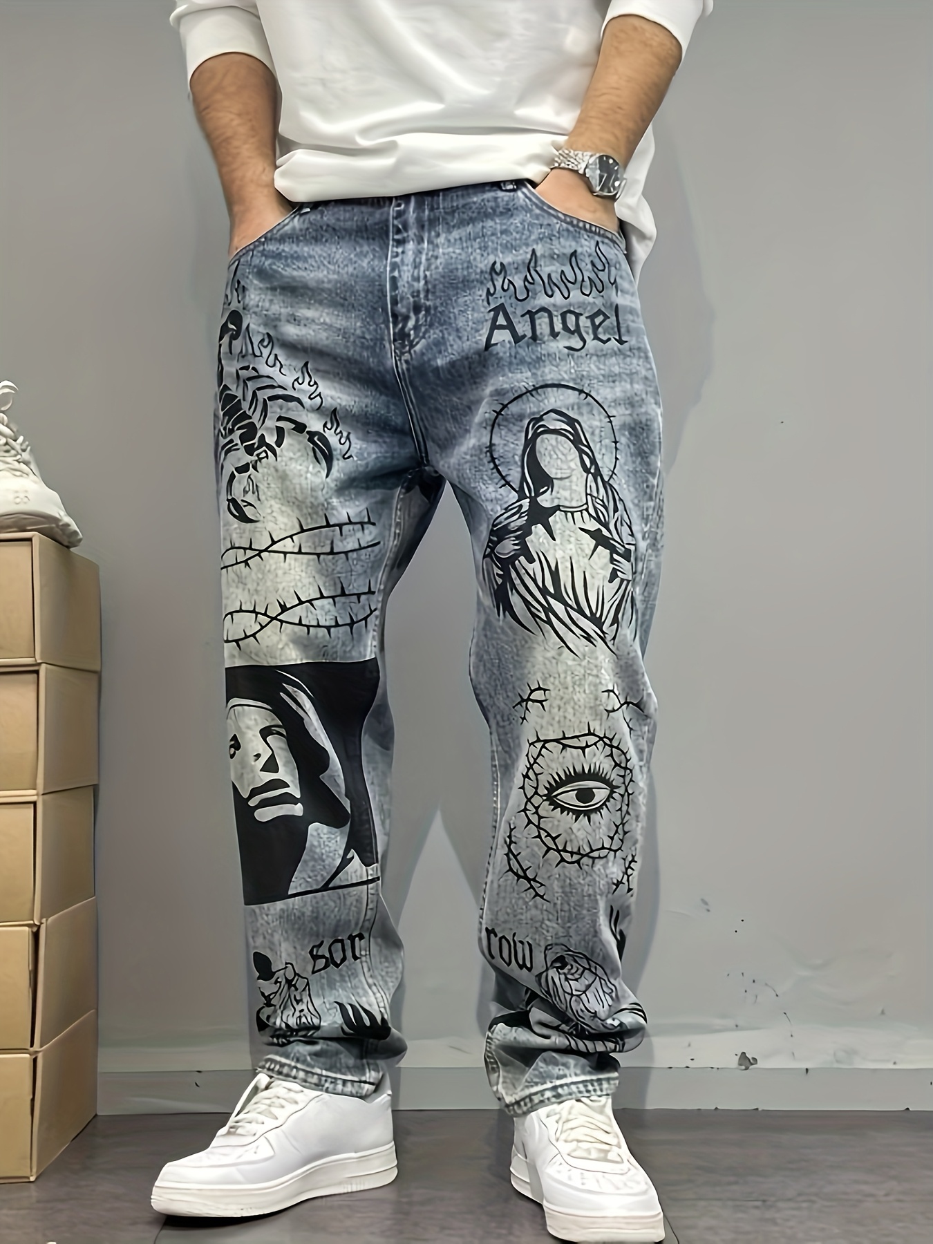 Retro Blue American Streetwear Graffiti Print Loose Straight-Leg Jeans