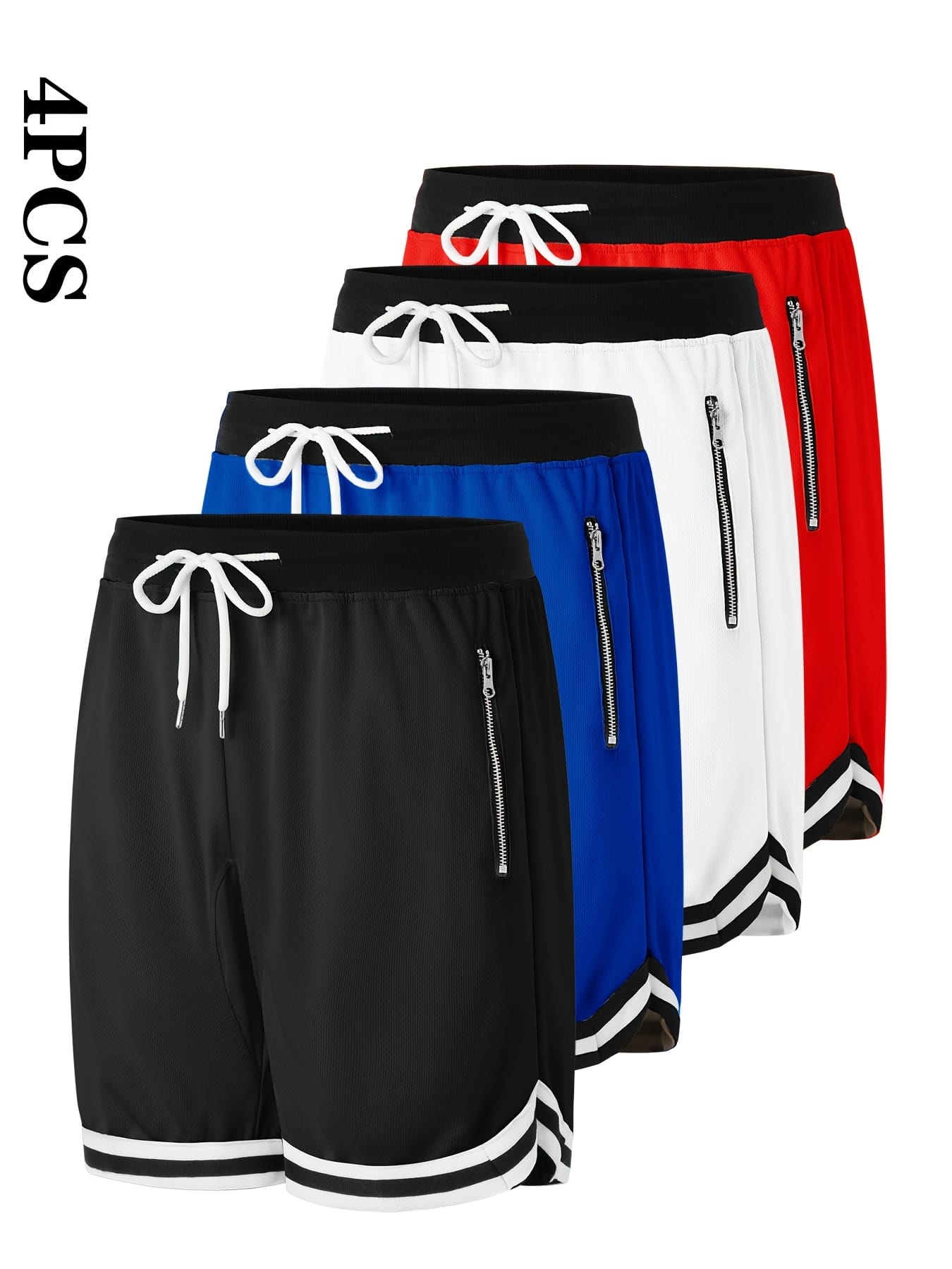 4pcs Men's Casual Athletic Shorts with Zipper Pockets - Breathable Polyester, Elastic Waistband, Multi-Color Basketball & Sports Wear, Machine Washable