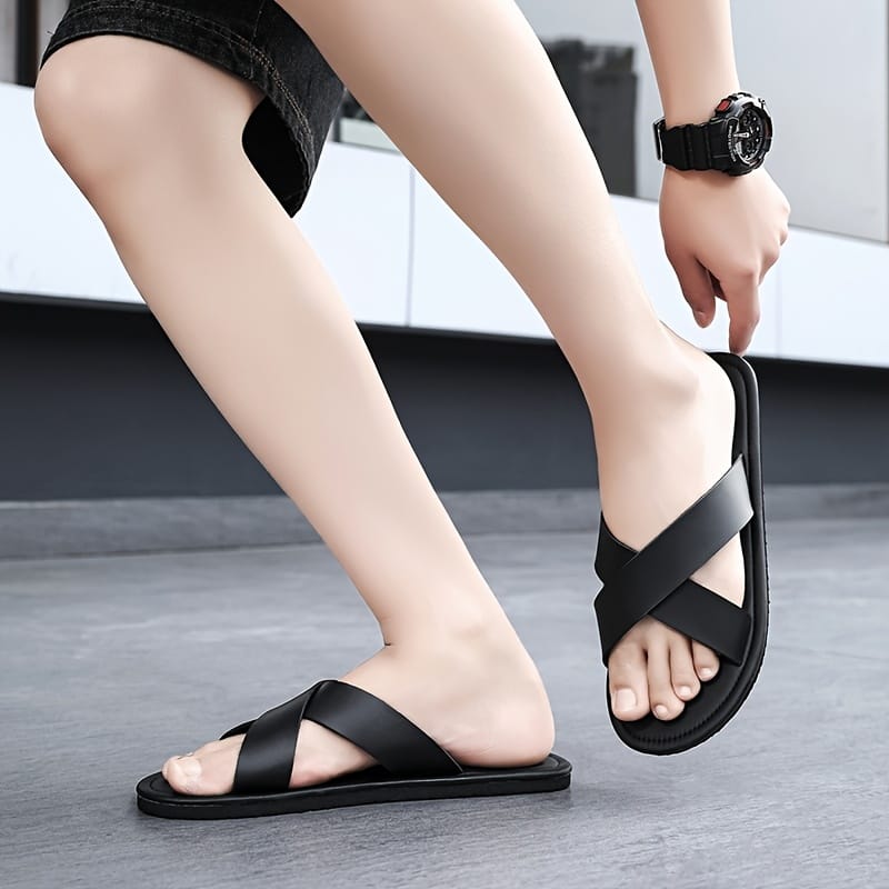 Men's 2025 All-Season Retro Cross-Strap Slide Sandals - Lightweight Non-Slip Durable PVC & EVA Cushioned Casual Indoor/Outdoor Slippers with Cross-Strap Design, Black, Everyday Footwear | Minimalist Shoe Design | Antislip Sole, Indoor Slippers