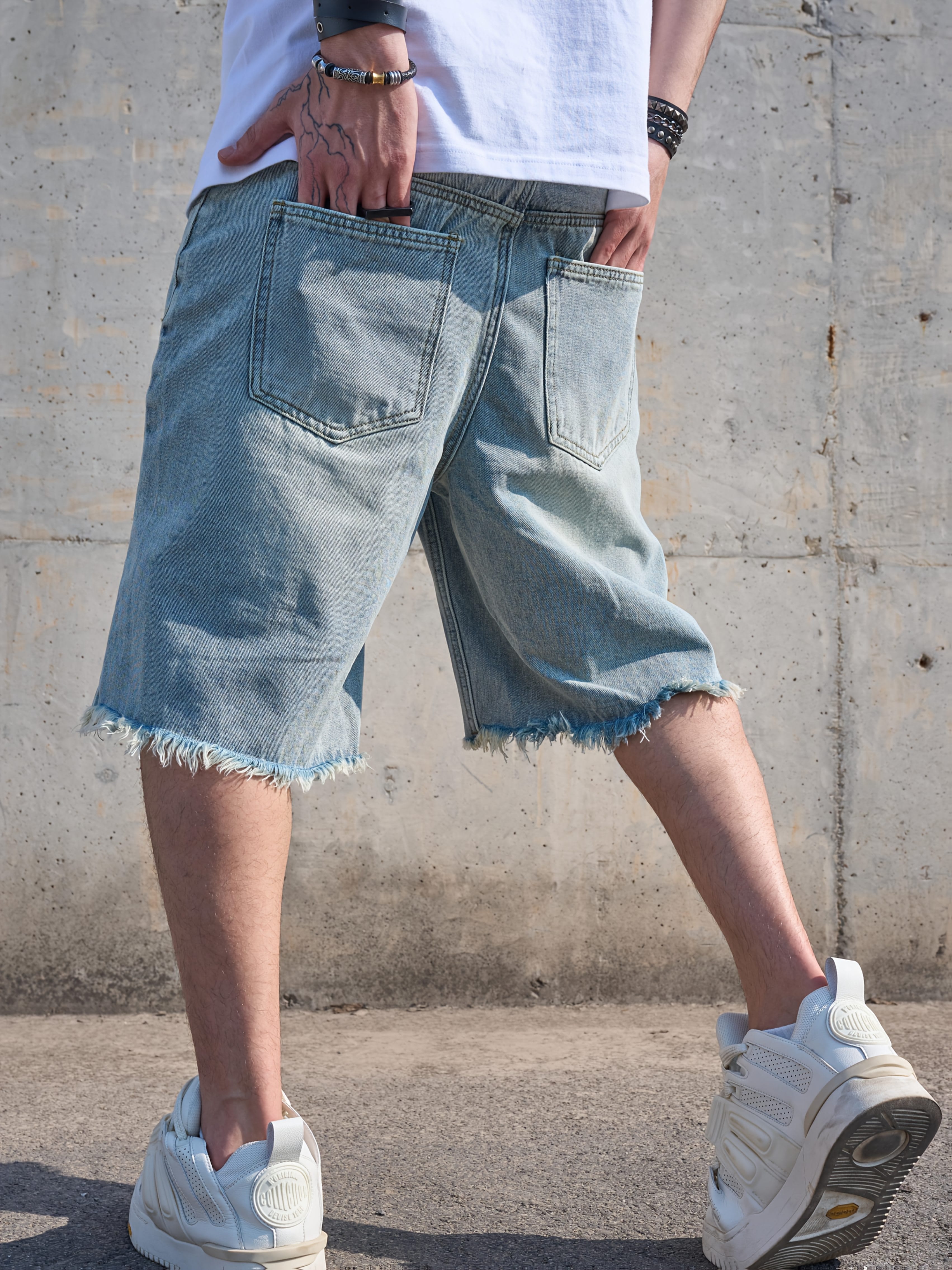 Men'S Vintage Distressed Faux Denim Shorts - Non-Stretch Faux Denim Pants with Frayed Edges, Loose Fit Five-Pocket Casual Shorts for Everyday & Formal Outfits - All-Season Retro Western Style, Faux Denim Shorts, Versatile Clothing, Classic Five-Pocket Design, Durable Fabric, Streetwear Fashion, Sturdy Construction, Streetwear Lovers