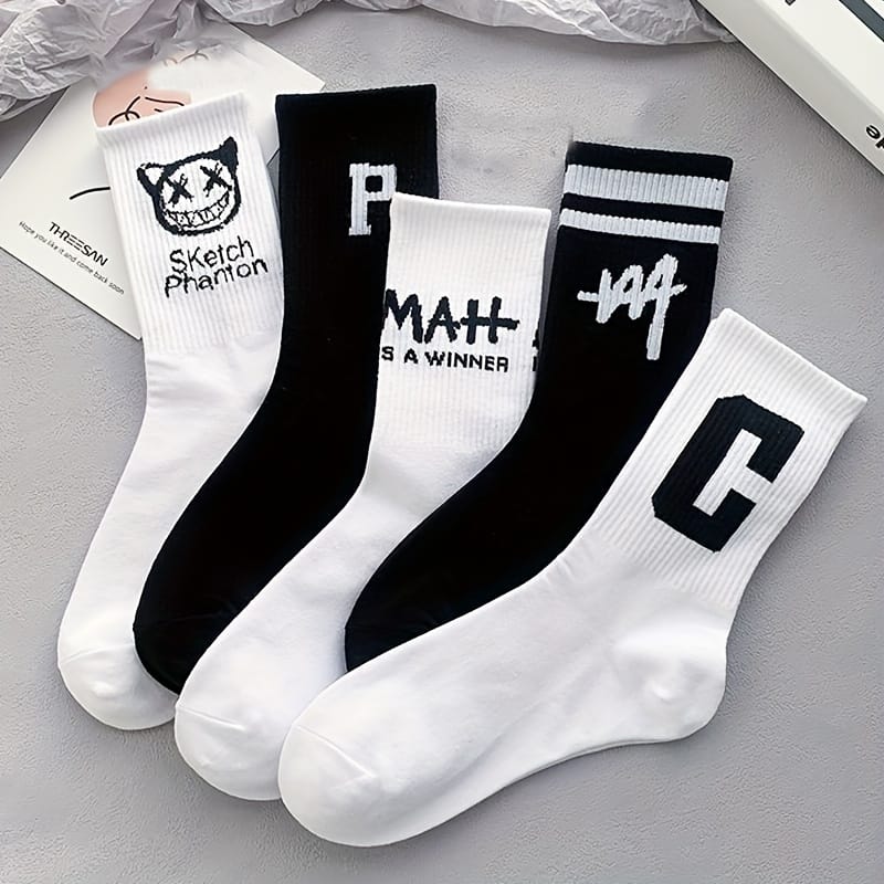 5/10 Pairs Black & White Mid-Calf Socks - 97% Polyester 3% Spandex, All-Season Comfort, Solid Black & White, Durable Knit Fabric, Hand Wash/Dry Clean, Versatile Casual Wear