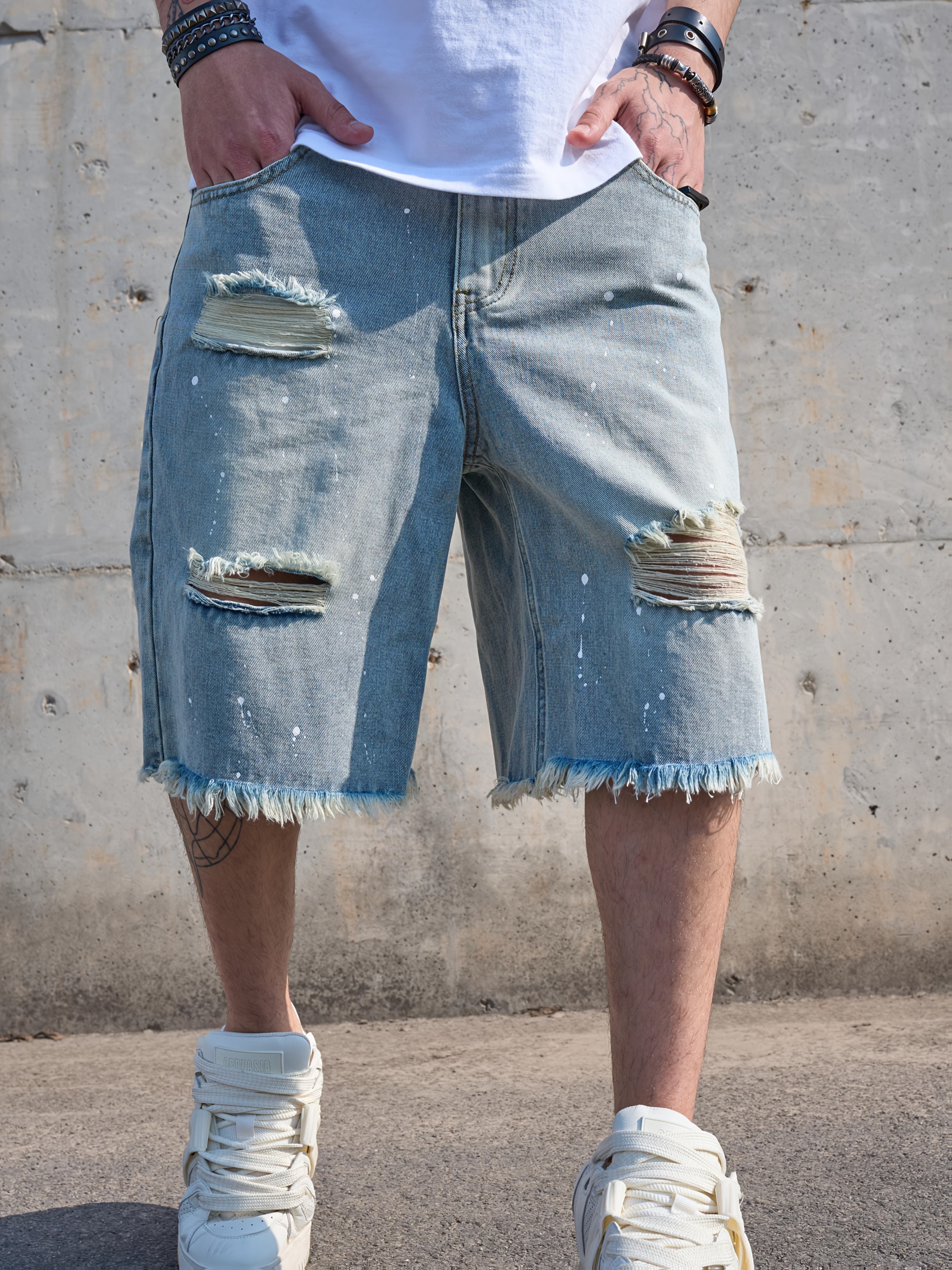 Men'S Vintage Distressed Faux Denim Shorts - Non-Stretch Faux Denim Pants with Frayed Edges, Loose Fit Five-Pocket Casual Shorts for Everyday & Formal Outfits - All-Season Retro Western Style, Faux Denim Shorts, Versatile Clothing, Classic Five-Pocket Design, Durable Fabric, Streetwear Fashion, Sturdy Construction, Streetwear Lovers