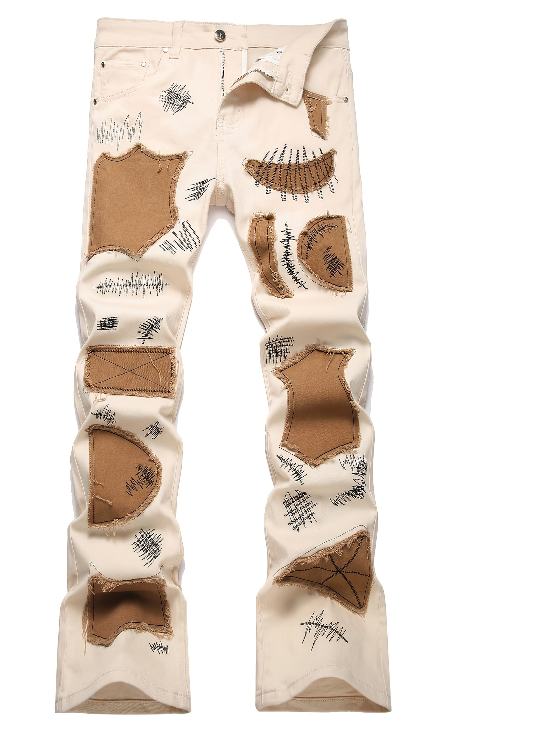 Men'S Slim-Fit Stretch Denim Jeans with Color-Block Brown Patches & Distressed Details - Casual Spring/Fall Trousers, Regular Length, Light Beige & Brown Contrast Design, Spring Fall Attire, Fashionforward Style, Durable Fabric