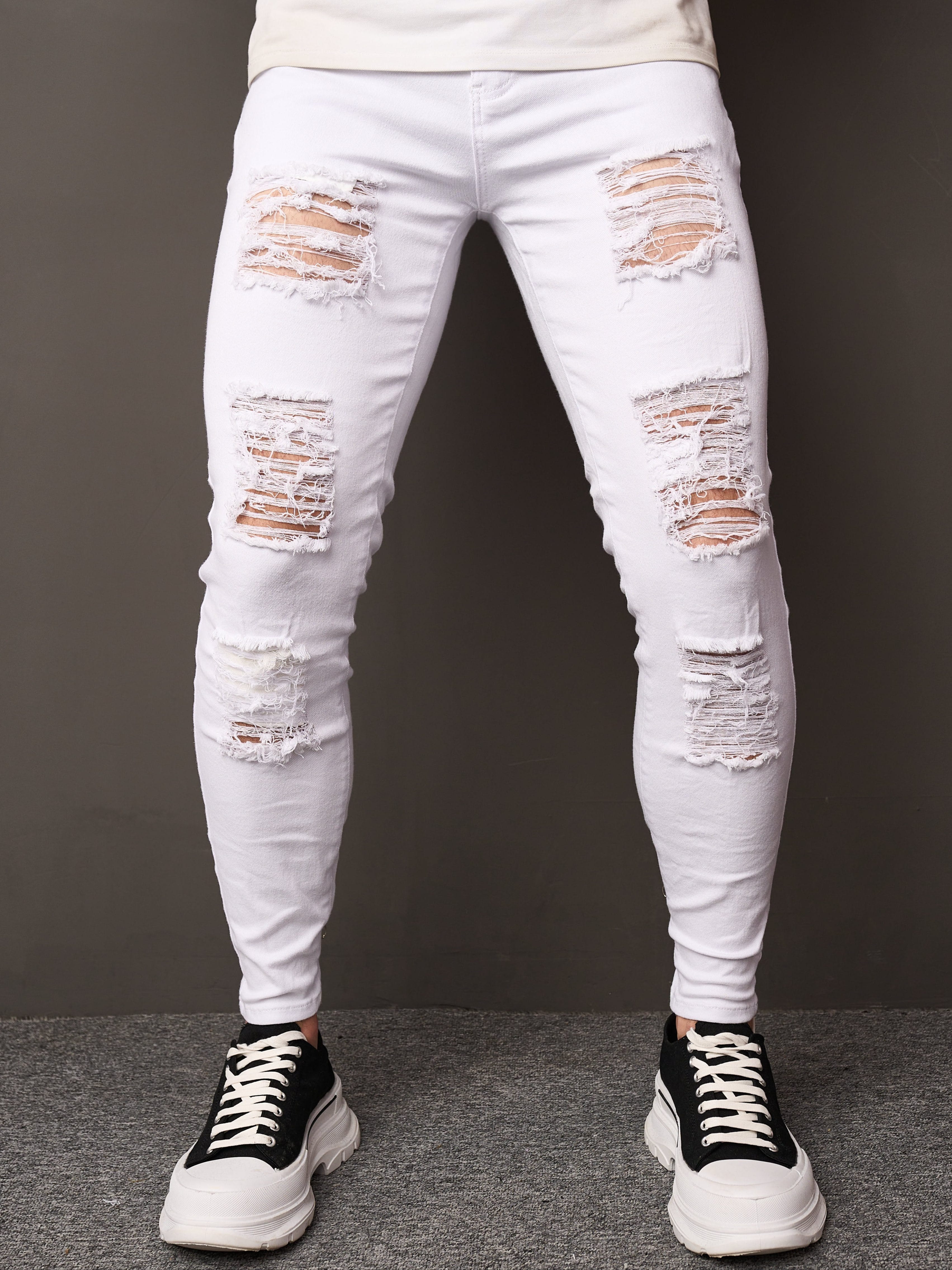 Men's Slim-Fit Straight-Leg White Jeans - Stretch Comfort Mid-Rise Office Commuter Pants, Machine Washable All-Season Casual Trousers for Adults