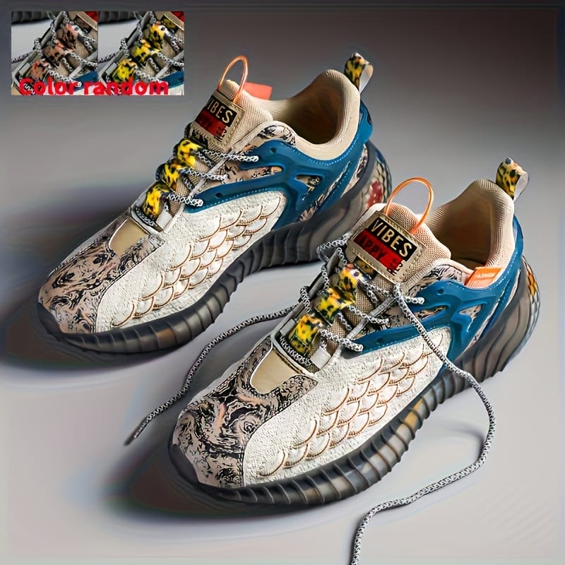 Men's Casual Athletic Sneakers - Breathable Fabric, Durable Rubber Sole, Lace-Up Low Tops with Fish Scale Design & Colorful Patterns for Everyday & Outdoor Wear