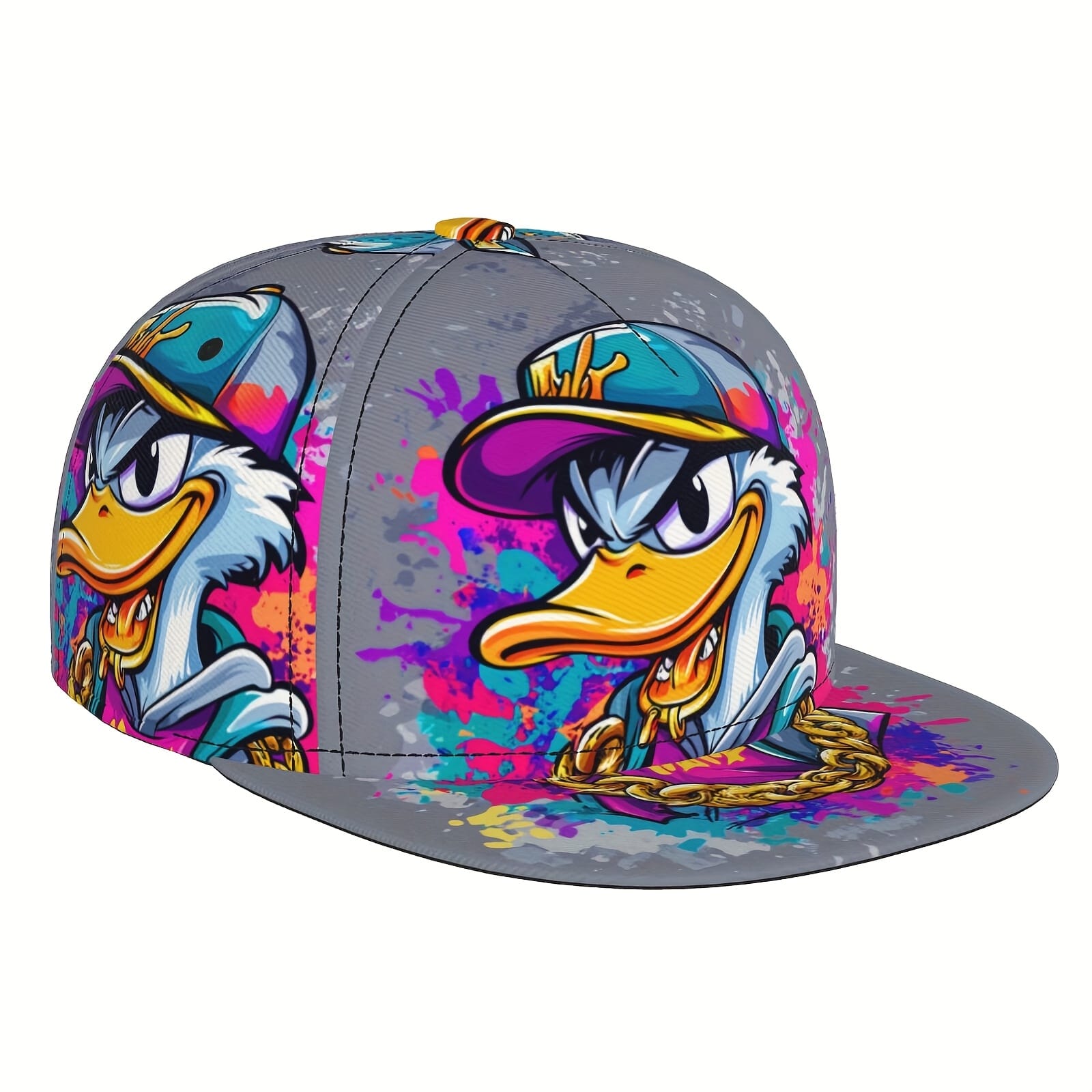 Unisex Adjustable Snapback Baseball Cap - Vibrant Graffiti Cartoon Duck Street Art Design, Lightweight 100% Polyester, Machine Washable, Flat Brim Trucker Hat for Men & Women, Perfect Gift for Father's Day, Mother's Day, Beach & Casual Wear