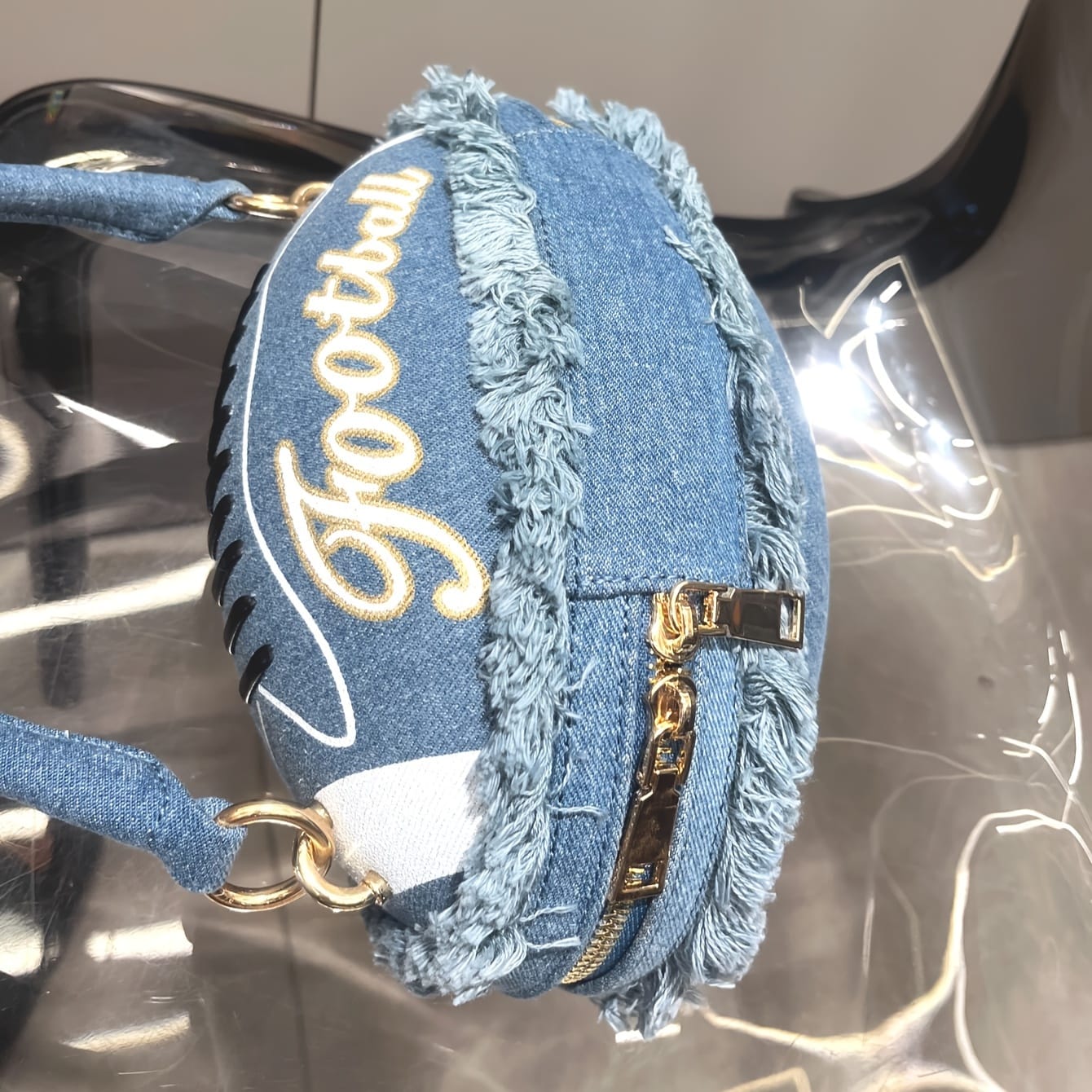 Denim Football-Shaped Handbag with Fringe and Adjustable Strap - Blue, Casual Style, Zip Closure, PU Lining - Perfect for Football Fans