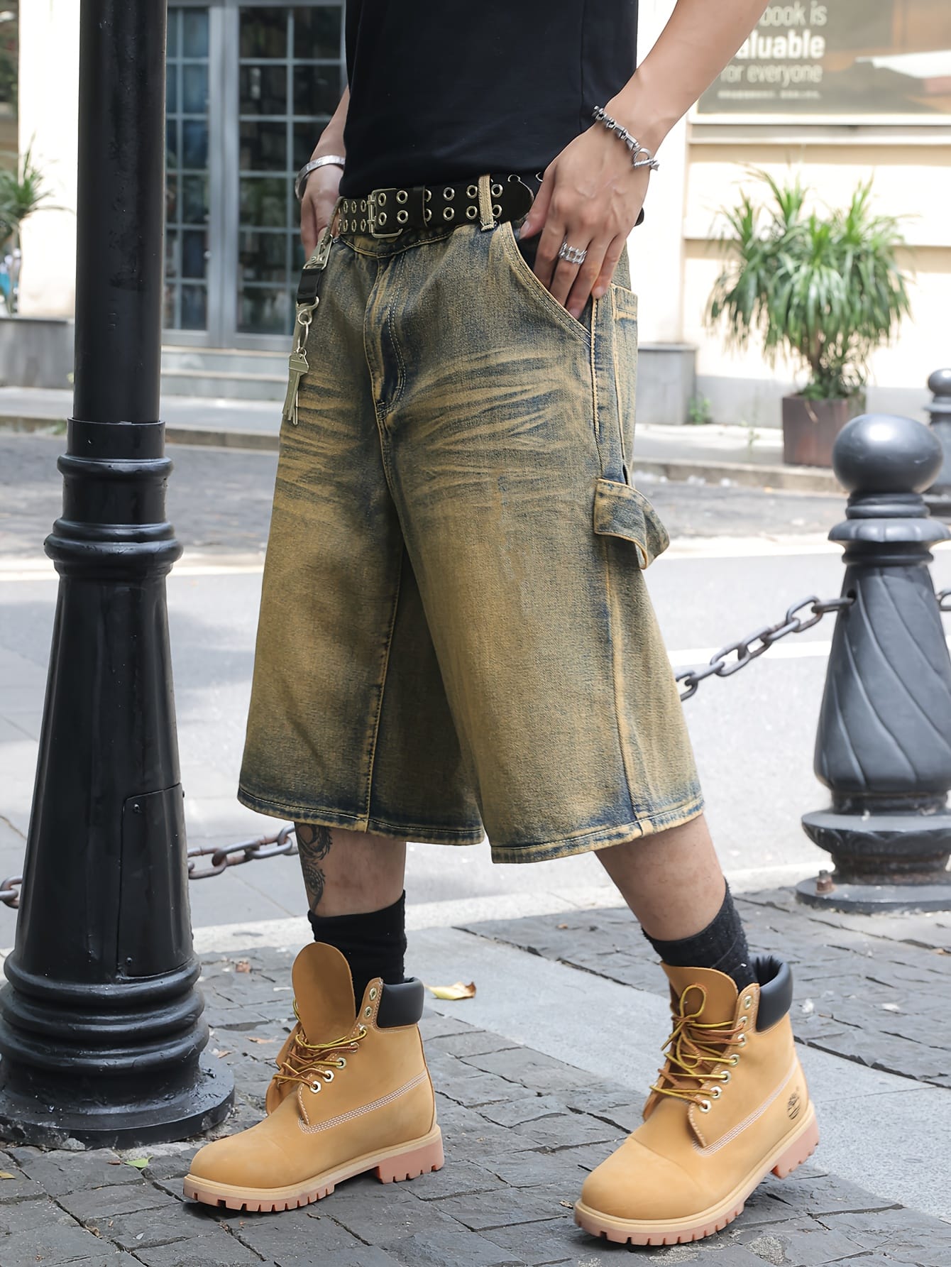 1pc American Multi-Pocket Loose Fit Men's Distressed Denim Cargo Shorts, Streetwear Design