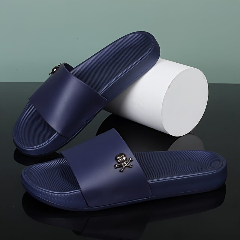 Men's Slip-On Sandals with Skull Buckle Design - Lightweight PVC Upper & EVA Sole, Anti-Slip Comfort for Beach, Casual, Indoor/Outdoor Use - All-Season Black Unisex Slippers