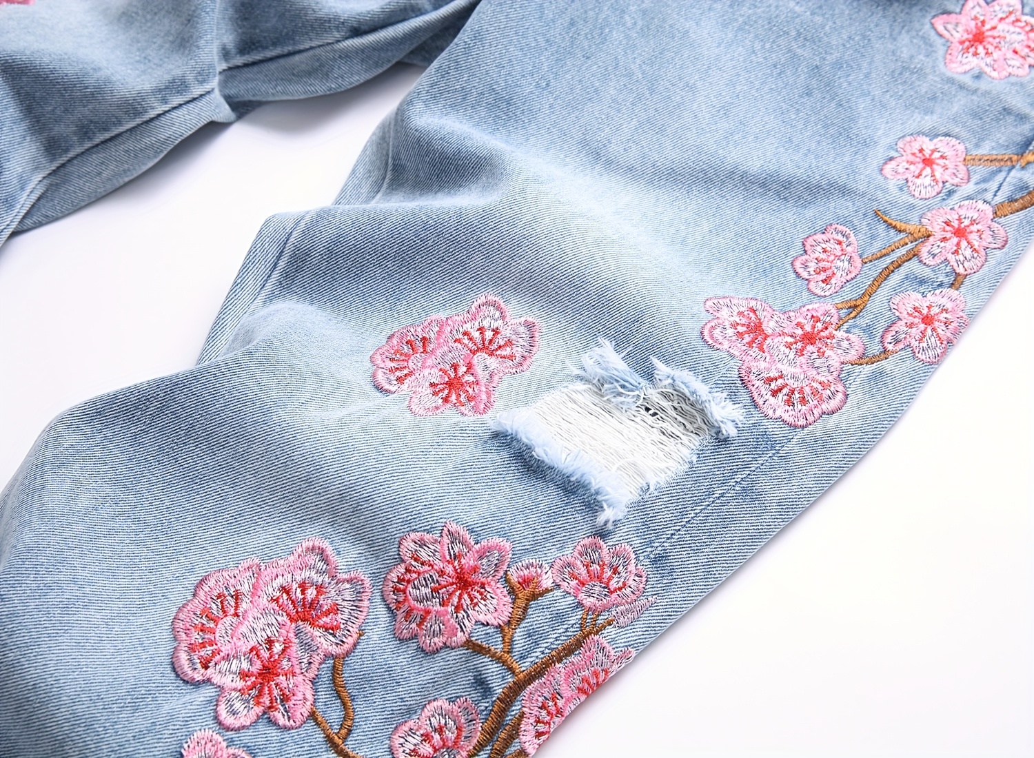 Cross-border New Men's European and American Street Fashion Loose Wide-Leg Non-Stretch Floral Embroidery Denim Flare Pants