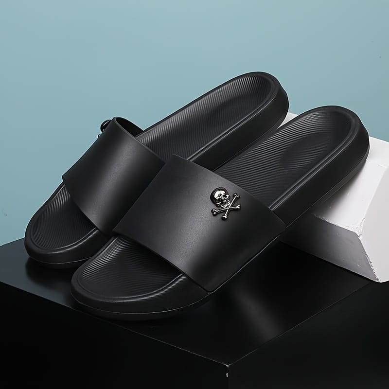 Men's Slip-On Sandals with Skull Buckle Design - Lightweight PVC Upper & EVA Sole, Anti-Slip Comfort for Beach, Casual, Indoor/Outdoor Use - All-Season Black Unisex Slippers