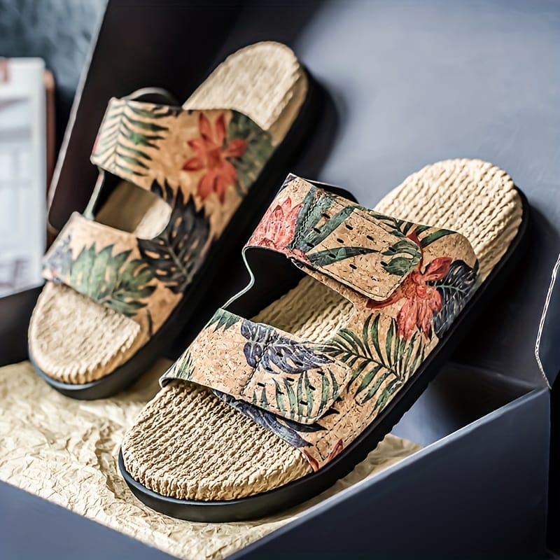 Men's Slip-On Sandals - Tropical Floral beach shoes with Quick-Dry PU Upper & Cushioned EVA Insole - Non-Slip PVC Sole for Pool, Vacation, Casual Outdoors - Slip Resistant Footwear Brown/Green/Red/Blue/Black/Orange/White/ - Lightweight Summer Footwear for Men, Poolside Footwear, Stylish Slipons, Durable Trivet Sole, Vacation Slides, Trendy Slides, Breathable Slides, Outdoor Enthusiasts