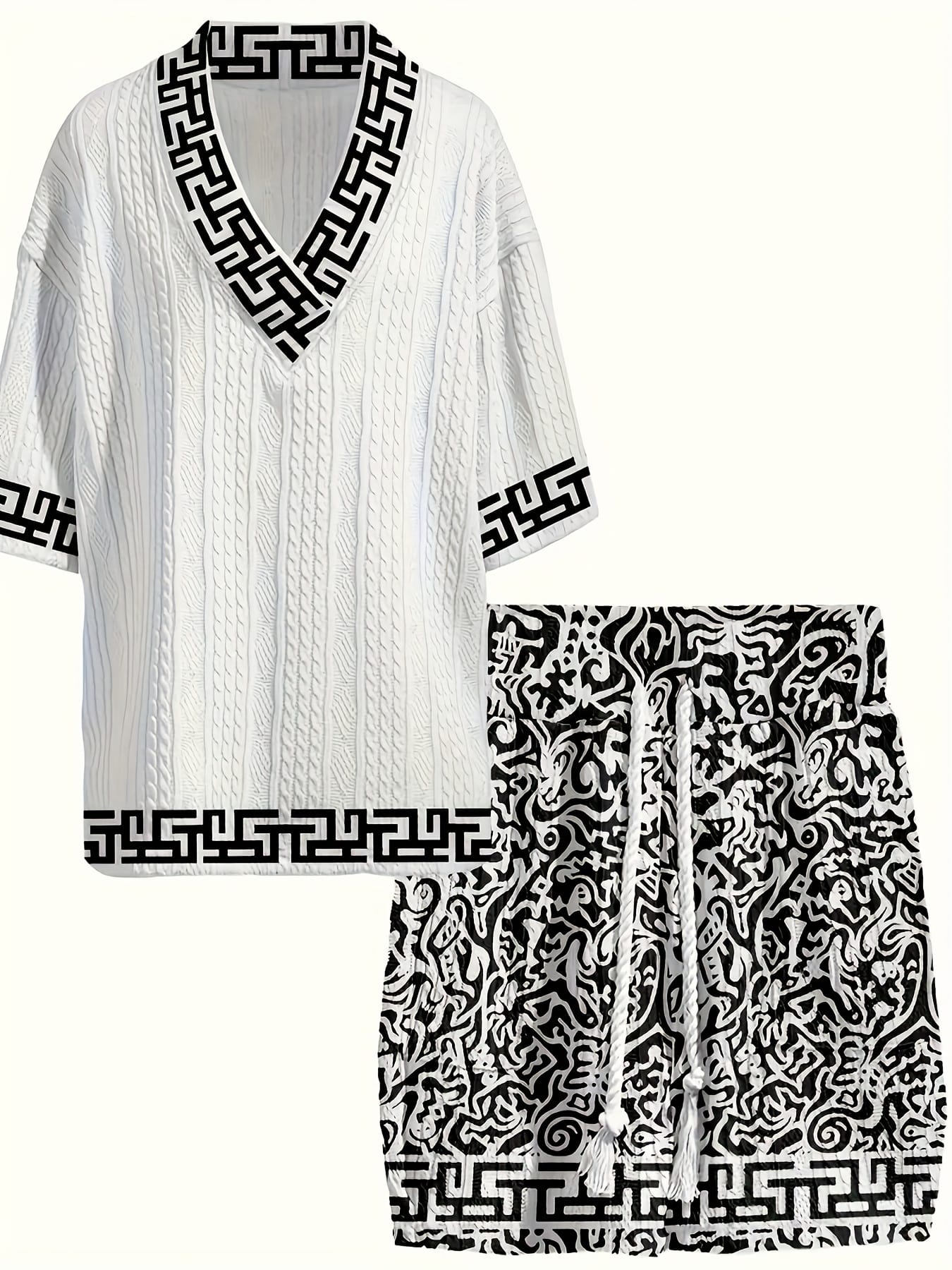 Men's casual vacation style set, white diamond patterned V-neck mid sleeved top paired with black and white geometric printed shorts