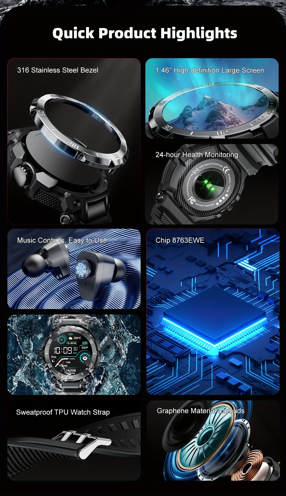 2024 New 3 in 1 Smart Watch with Earbuds, 1.46-inch HD Screen, Call Answering/Speaker, USB Charging, ABS Body, Synthetic Rubber Strap, Wireless, Rechargeable Lithium Battery-Polymer, for iOS & Android, Long Time Standby, Sports Fitness Tracker, IPX7, Call Answering Function, Wireless Calls, IPX8 Rating, Smart Watch for Android Phone