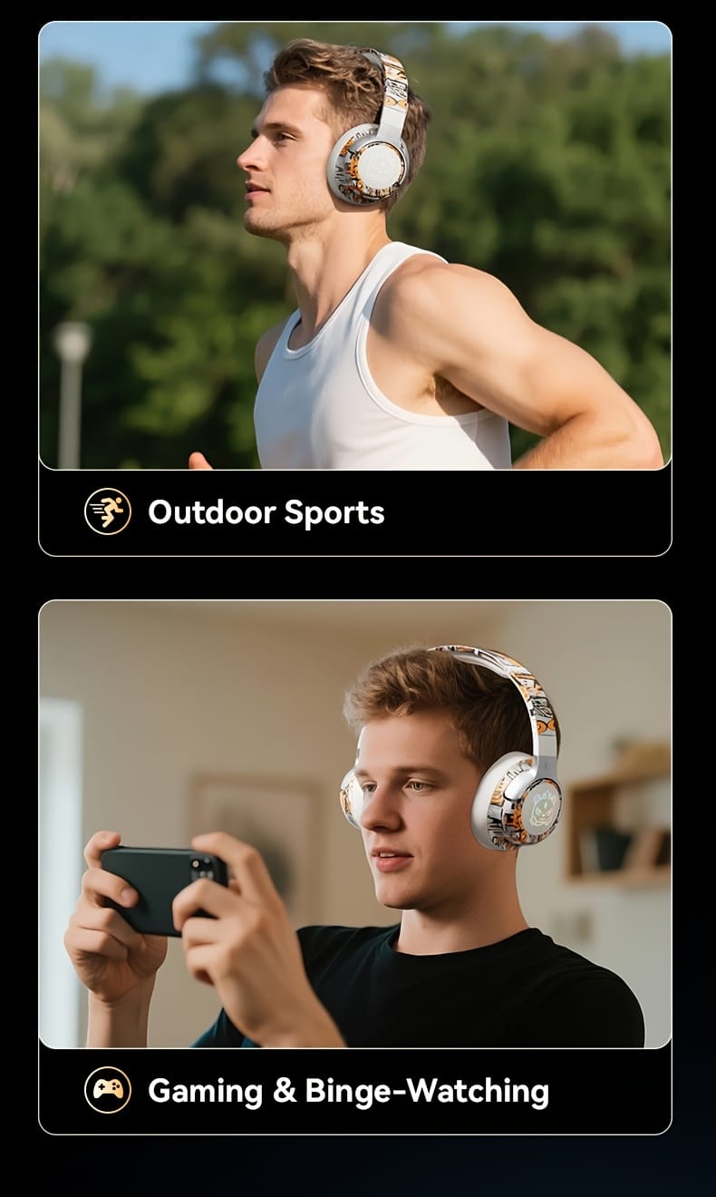 15-Hour Battery Life, Wireless Over-Ear Headphones with Lithium Battery - Low-Power Operation, Ideal for Gaming & Music, Outdoor Use, Push Button Control, Volume Control, No Charging Case, Gaming Headphones|Graffiti Design Headphones|Pushbutton Control Headphones
