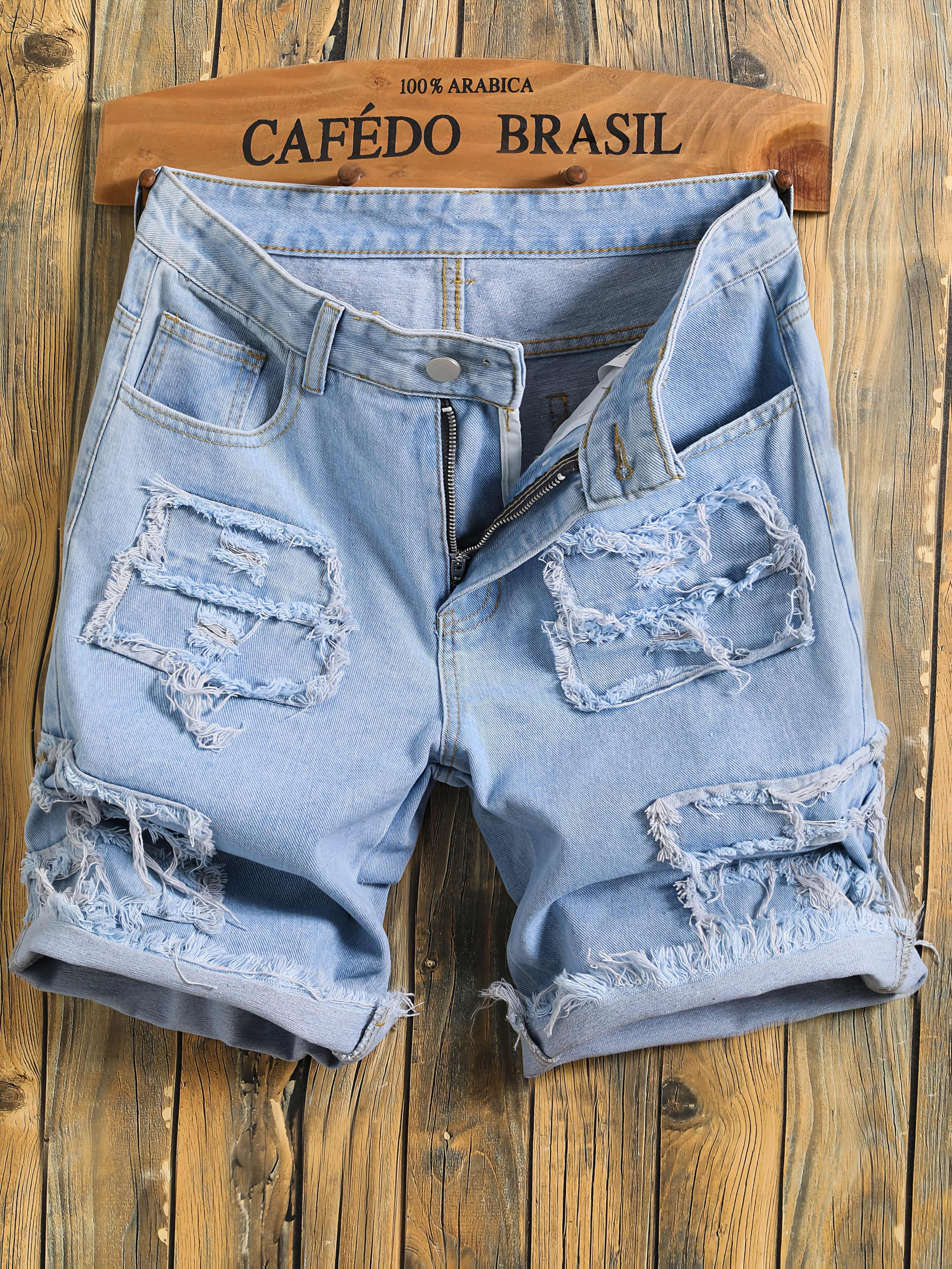 Men'S Summer Street Style Denim Shorts - Non-Stretch, Regular Fit with Trendy Patchwork Design, Casual Casual Attire, Casual Attire|Trendy Denim Shorts|Nonstretch Fabric