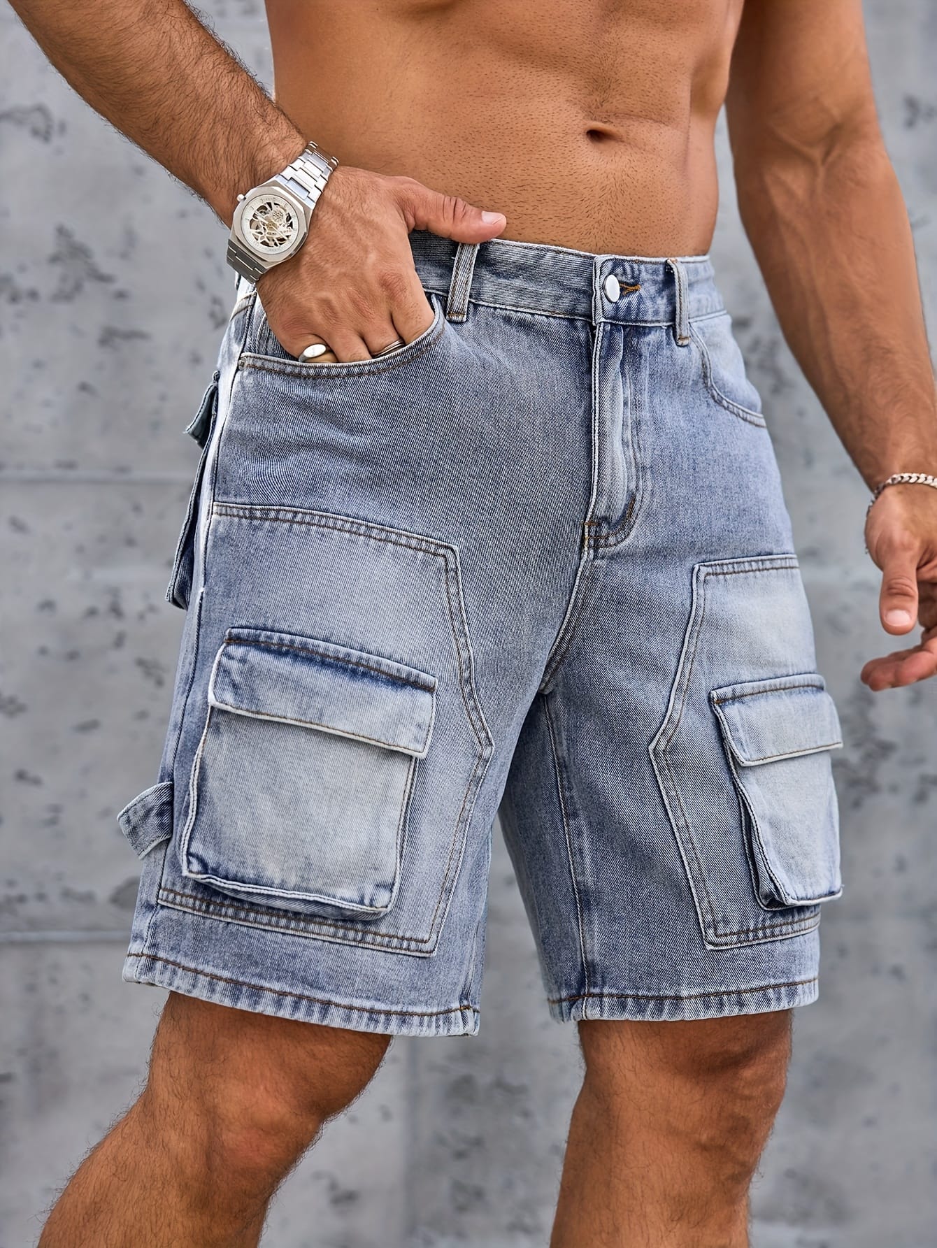 Men'S Casual Denim Cargo Shorts with Multiple Pockets - Loose Fit, Knee-Length, Light Blue, Non-Stretch Fabric, Perfect for Casual Attire, Party Shorts|Pocketed Shorts|Woven Texture