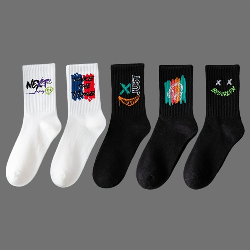 20 Pairs, 10 Pairs, 5 Pairs - Random Color Letter Print Socks, Stylish Mid-Calf Athletic Socks for Basketball, Outdoor & Casual Wear, Polyester Knit Fabric, Hand Washable, Everyday Socks | Vibrant Sock Design | Comfortable Fit