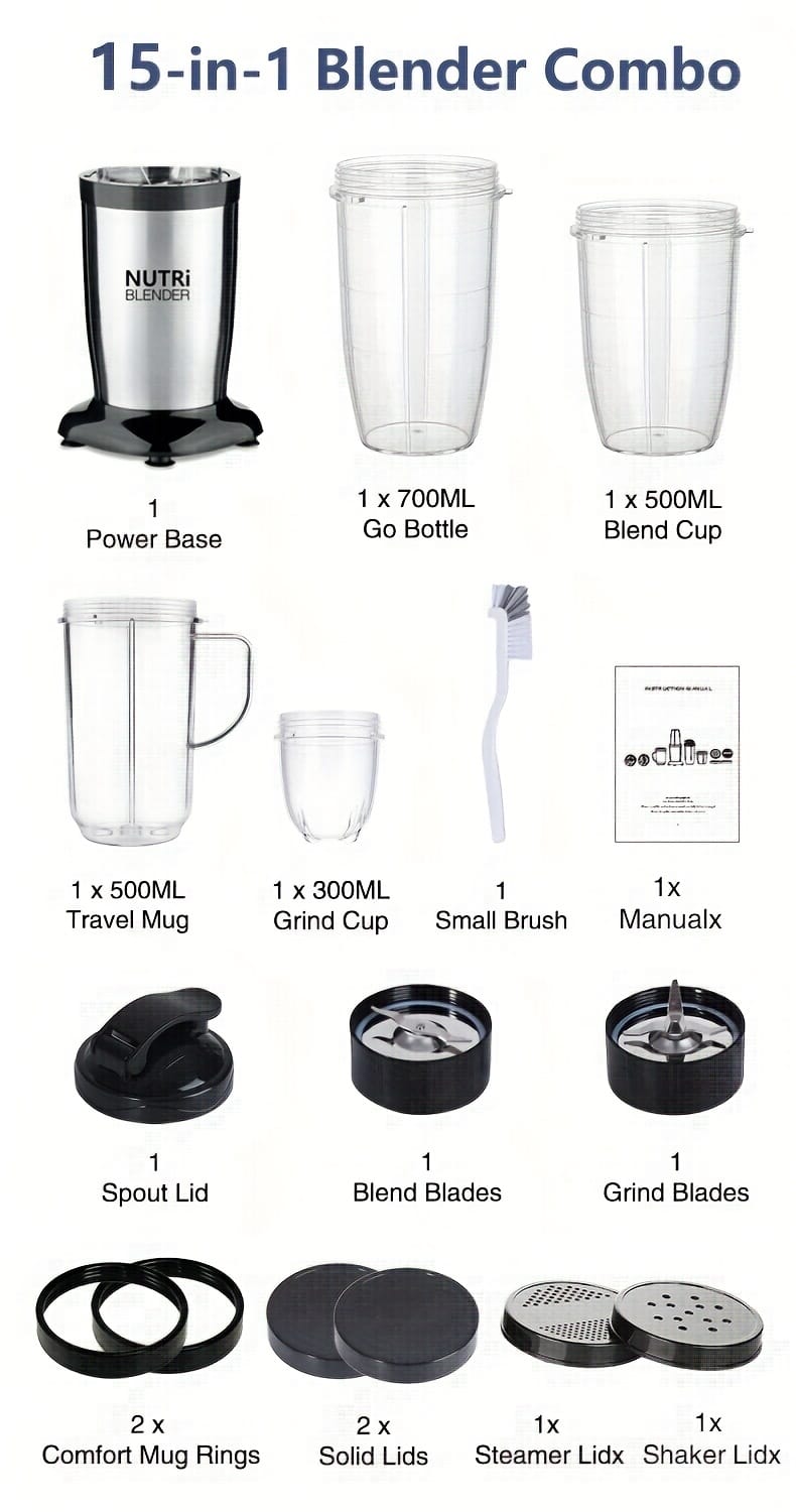 Smoothie Blender, Blender for Shakes and Smoothies, 15pcs Personal Blender and Grinder Combo for Kitchen Single Serve Mixer Blender for Juices Youngsters Food Nutritious Recipe with Brush, Juicing Station|Modern Kitchen Appliance|Durable Construction