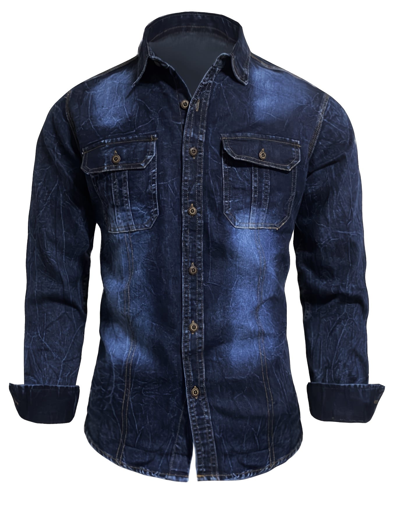 Men'S Slim-Fit Blue Denim Shirt with Double Pockets - Long Sleeve, Button-Up Casual Top for All Seasons, Versatile Fashion, Casual Wear|Slim Fit Shirt|Durable Fabric