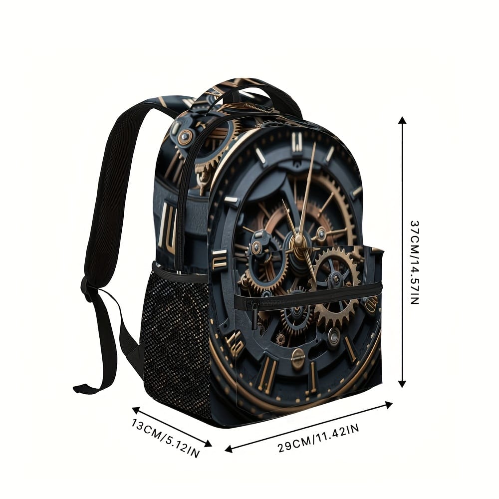 1pc Steampunk Clock Backpack - Adjustable Shoulder Straps, 2D Flat Printing, Mechanical Design, Perfect for Teens & Adults, Casual Outing Gear, Everyday Backpack | Vintage Backpack | Durable Backpack