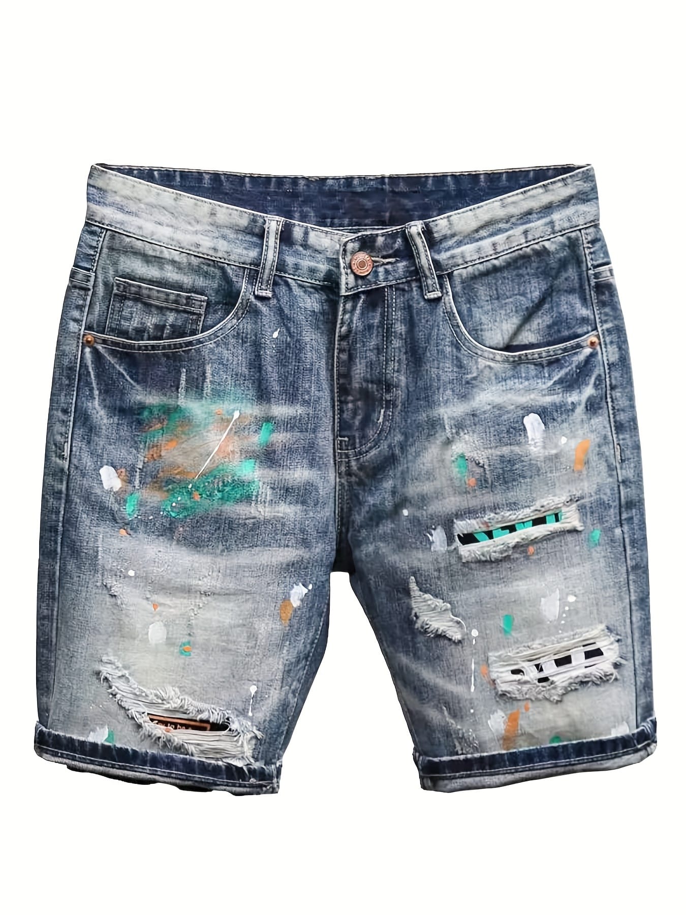 Men'S Non-Stretch Faux Denim Shorts - Classic Five-Pocket Mid-Thigh Length, Machine Washable Everyday Casual Pants for Summer Outfits, Faux Denim Shorts, Relaxed Fit, Geometric Pattern, Sturdy Construction, Streetwear Style, Outdoor Clothing, Durable Fabric, Urban Style