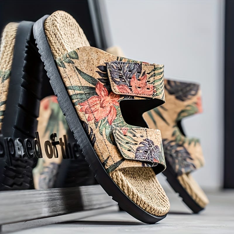 Men's Slip-On Sandals - Tropical Floral beach shoes with Quick-Dry PU Upper & Cushioned EVA Insole - Non-Slip PVC Sole for Pool, Vacation, Casual Outdoors - Slip Resistant Footwear Brown/Green/Red/Blue/Black/Orange/White/ - Lightweight Summer Footwear for Men, Poolside Footwear, Stylish Slipons, Durable Trivet Sole, Vacation Slides, Trendy Slides, Breathable Slides, Outdoor Enthusiasts