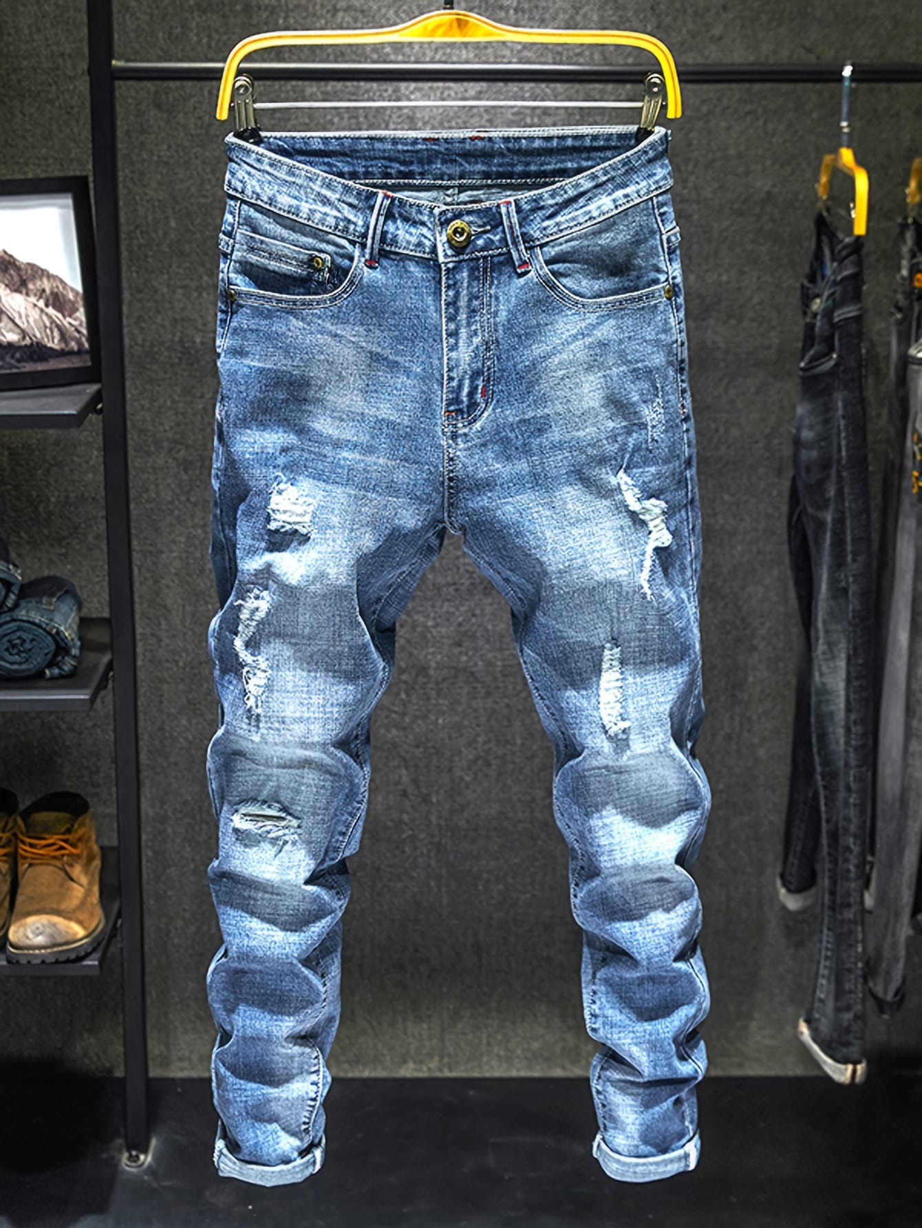 Men'S Distressed Faux Denim Faux Denim - Trendy Ripped Design, Comfortable Regular Fit, All-Season Casual Wear, Classic Blue Washed Style with Functional Pockets, Versatile for Everyday Fashion, Casual Faux Denim Wear | Trendy Ripped Faux Denim | Authentic Look