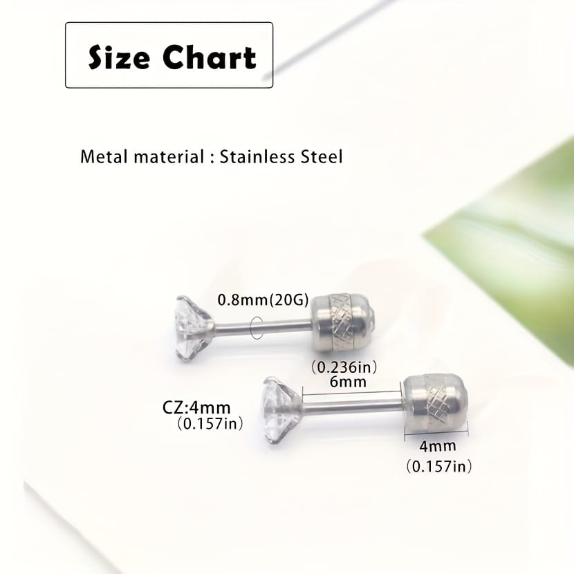 2pcs Stainless Steel Earrings, 4mm White Synthetic Zirconia with Embossed Floral Rhinestone Earbuds, Screw Post Design, Daily & Party Wear, Mardi Gras, St. Patrick's, Mother'S Day Gift