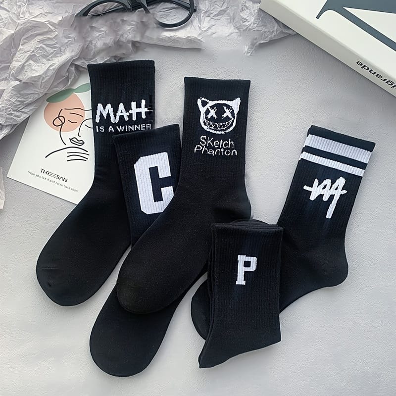 5/10 Pairs Black & White Mid-Calf Socks - 97% Polyester 3% Spandex, All-Season Comfort, Solid Black & White, Durable Knit Fabric, Hand Wash/Dry Clean, Versatile Casual Wear
