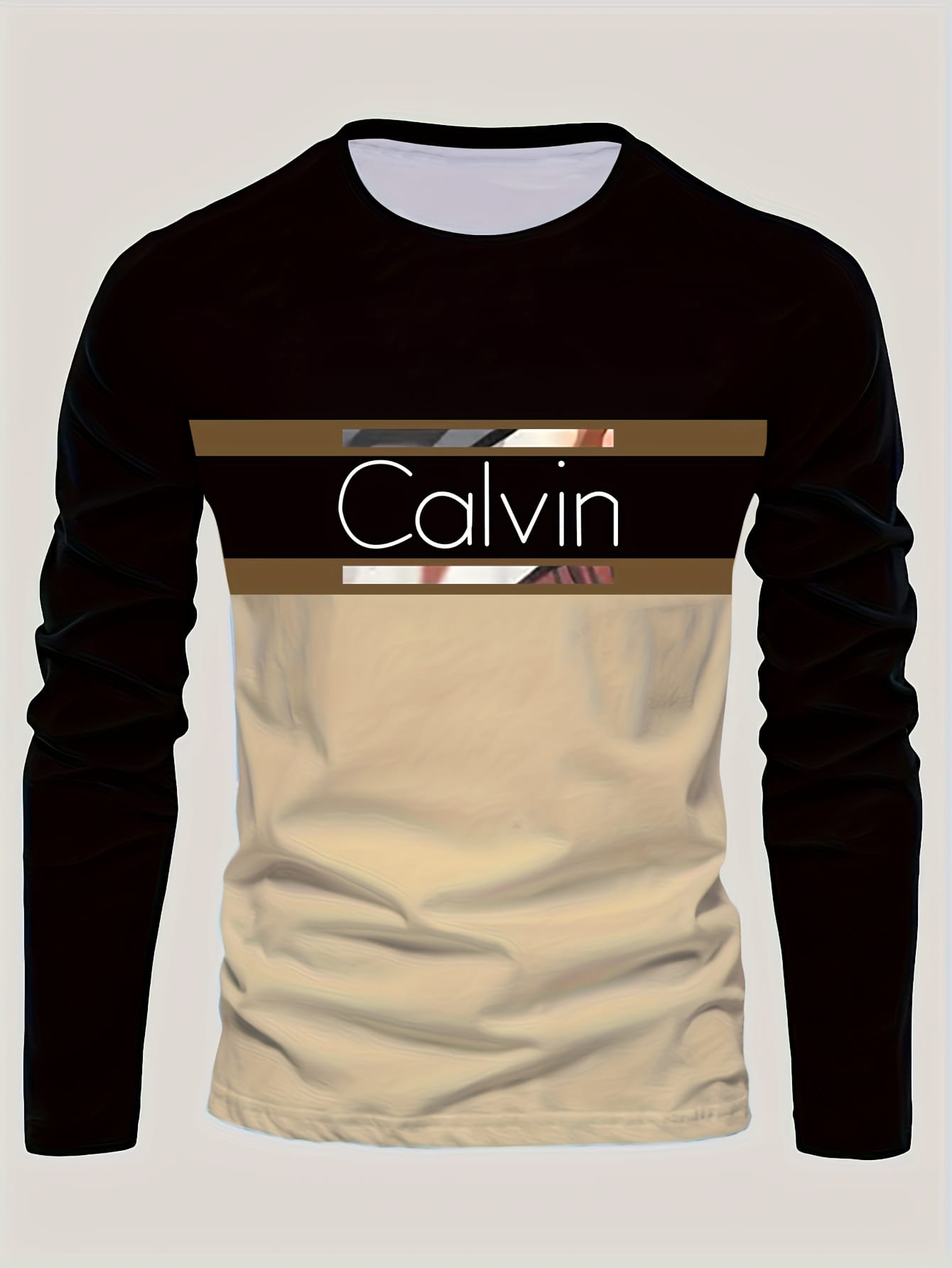 Men'S Long Sleeve T-Shirt - Black to Brown Ombre with CALVIN Lettering, Stretch Comfort Fit for Everyday & Formal Wear, Spring/Fall Essential - CALVIN Apparel, Spring Fall Top, Modern Casual Tee, Smooth Texture Shirt