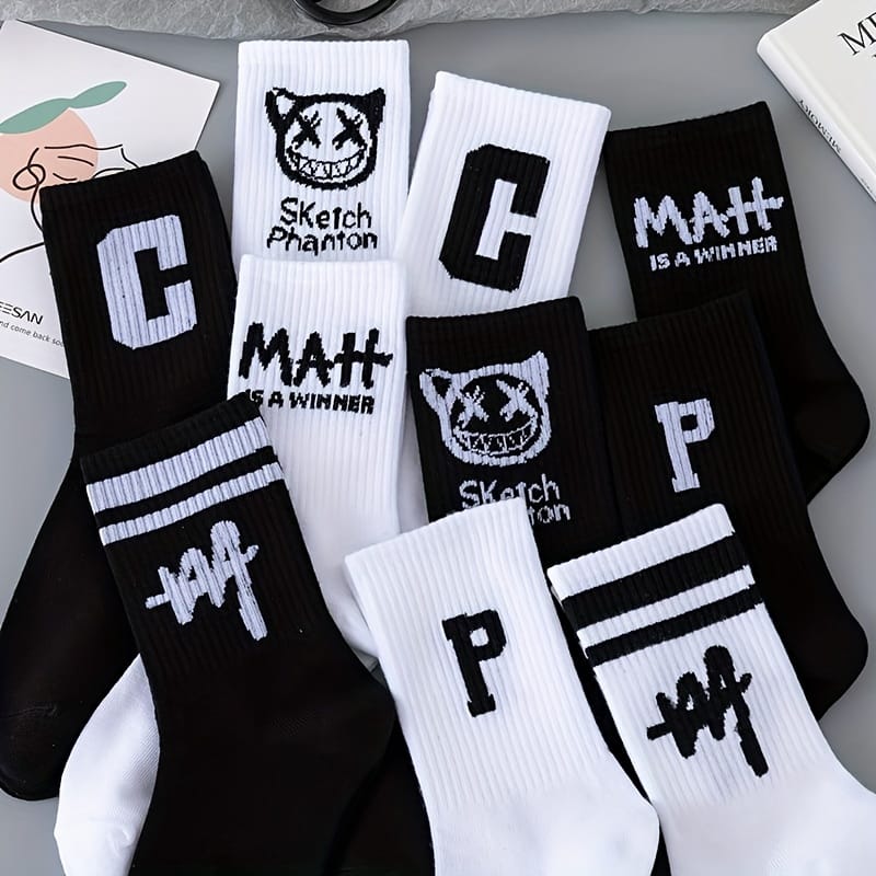 5/10 Pairs Black & White Mid-Calf Socks - 97% Polyester 3% Spandex, All-Season Comfort, Solid Black & White, Durable Knit Fabric, Hand Wash/Dry Clean, Versatile Casual Wear