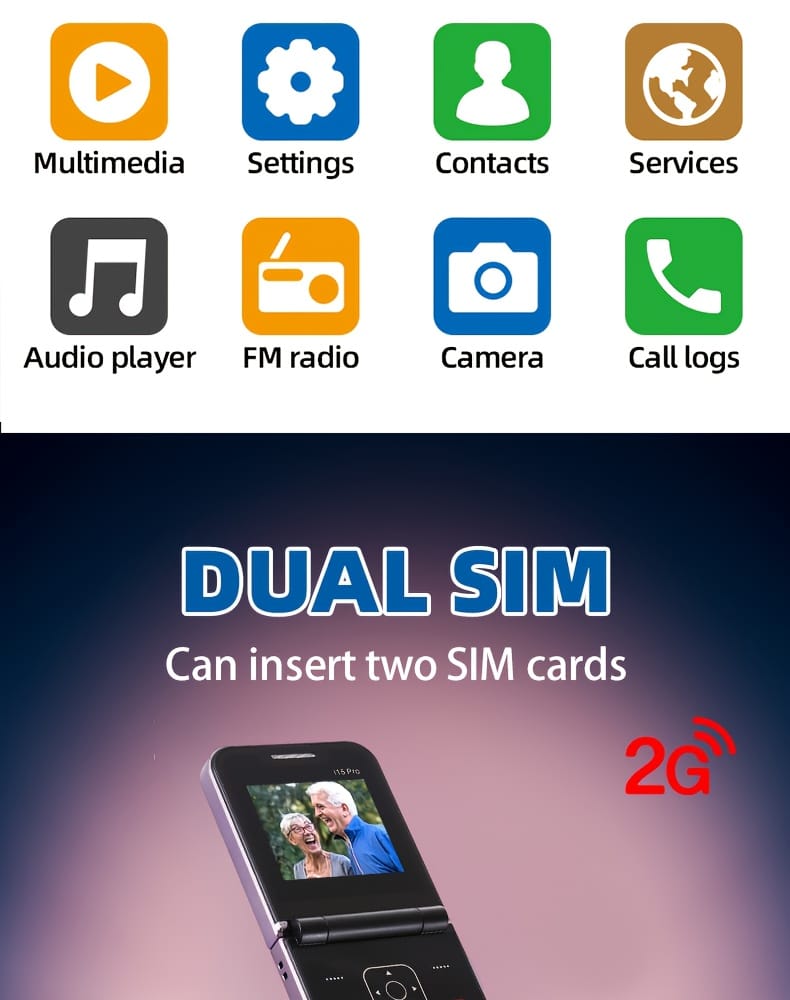 The new 2G foldable mobile phone features dual SIM dual standby for calls and text messages, 8-language switching, flashlight function, TF card insertion, portability, and is suitable for travel, school, and as a backup phone