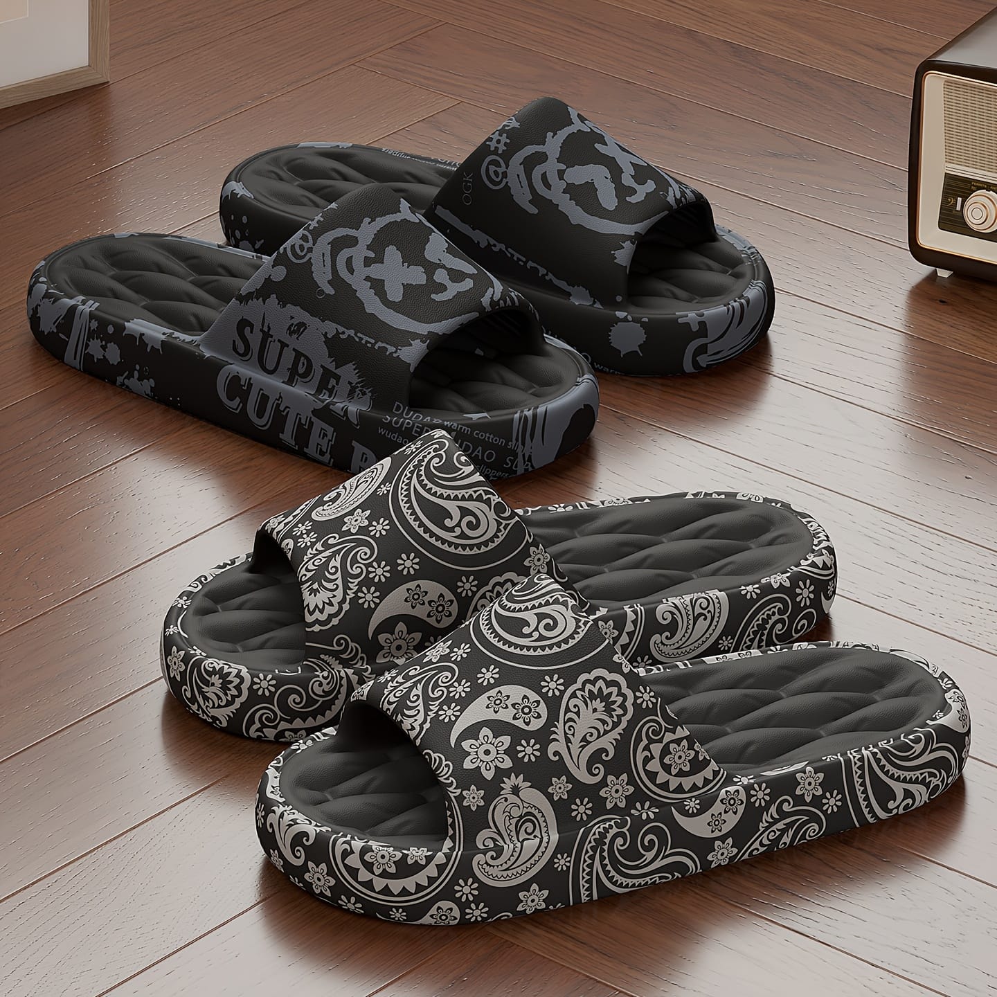 Men'S Large Size Indoor Random Print Casual Slippers, Non-Slip Shower Slip-On Open-Toe Slippers for Outdoor Beach Wear, Couple Slippers