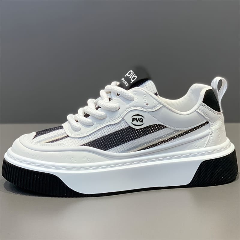 Men'S Low-Top Casual Sneakers - White with Colorful Stripes, Breathable Fabric Lining & Cushioned PVC Sole, Comfortable Round Toe for All-Season Outdoor, Daily Wear & Light Sports, Stylish Sporty Design, Laceup Shoes, Durable Footwear