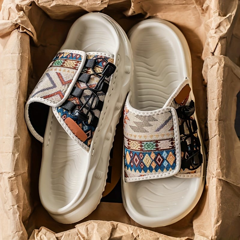 Men's Slip-On Sandals with Colorful Geometric Pattern - Soft EVA Sole, Breathable PU & Fabric Upper for Casual Outdoor Beach Wear - Lightweight Comfortable Round-Toe Design, Leisure Footwear | Vibrant Pattern Footwear | Durable Traction Sole