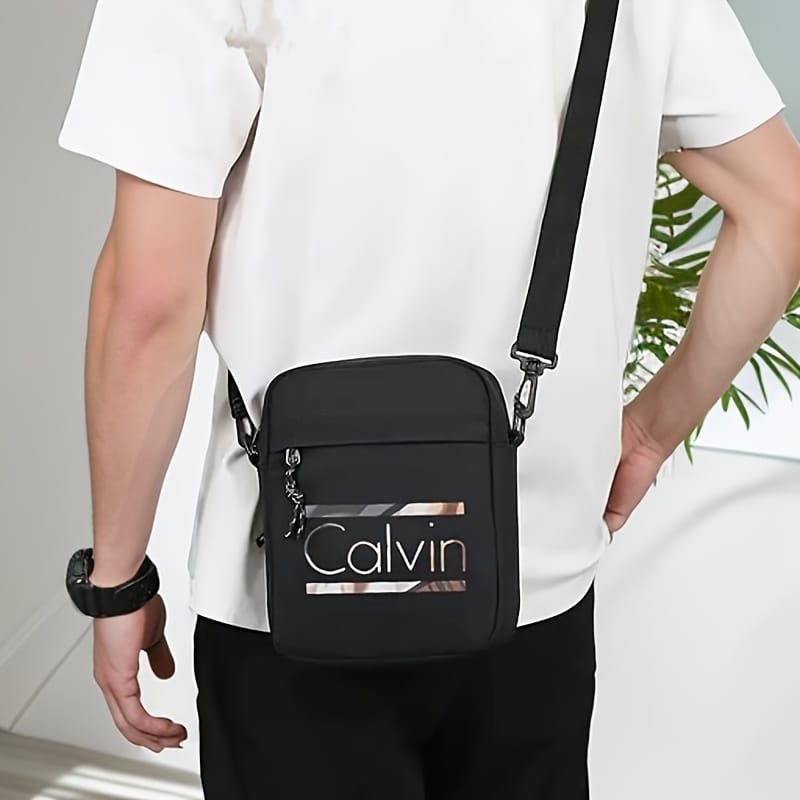 Calvin Men's Oxford Cloth Crossbody Bag with Adjustable Strap - Sleek Black Minimalist Street Style, Compact Everyday Carry for Travel, Casual Outings & Work, Durable Sturdy Construction, Small Crossbody Bag, Travel Accessory