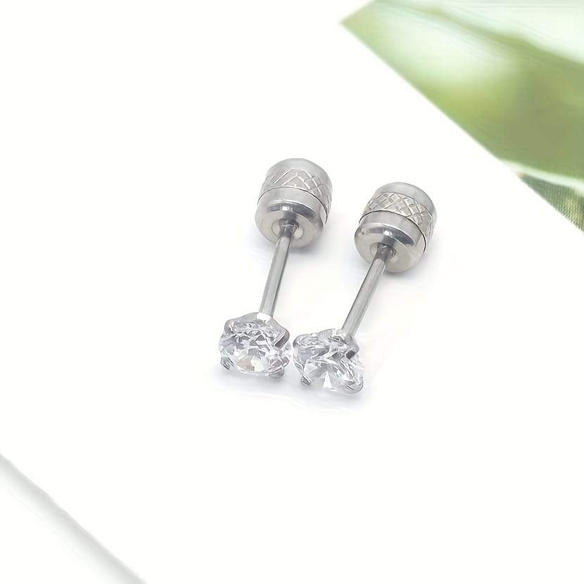2pcs Stainless Steel Earrings, 4mm White Synthetic Zirconia with Embossed Floral Rhinestone Earbuds, Screw Post Design, Daily & Party Wear, Mardi Gras, St. Patrick's, Mother'S Day Gift