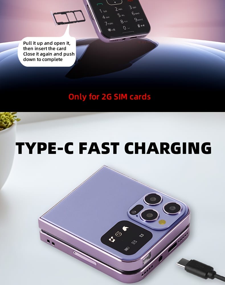 The new 2G foldable mobile phone features dual SIM dual standby for calls and text messages, 8-language switching, flashlight function, TF card insertion, portability, and is suitable for travel, school, and as a backup phone