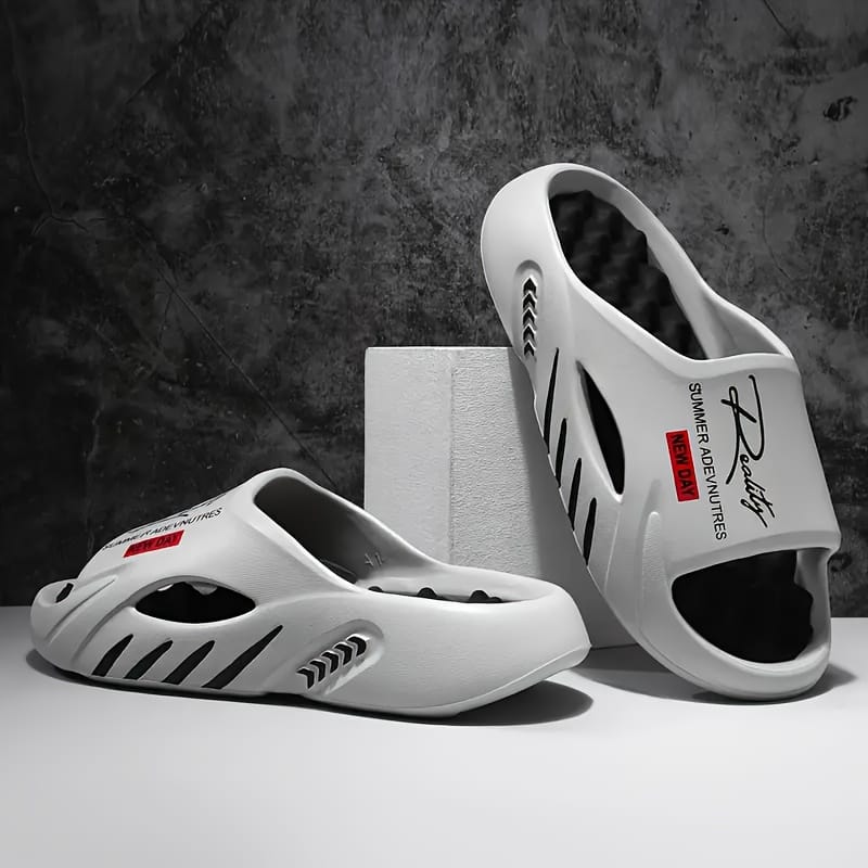 Mrs Hui Men's Summer Casual Beach Sandals - Slip-On Anti-Slip EVA Slippers with Massage Design, Black & Orange Stripes, Lightweight Durable for Outdoor, Poolside & Casual Wear, Beach Shoes, Outdoor Footwear, Sleek Slipon, Comfortable LiningSuitable for men & women