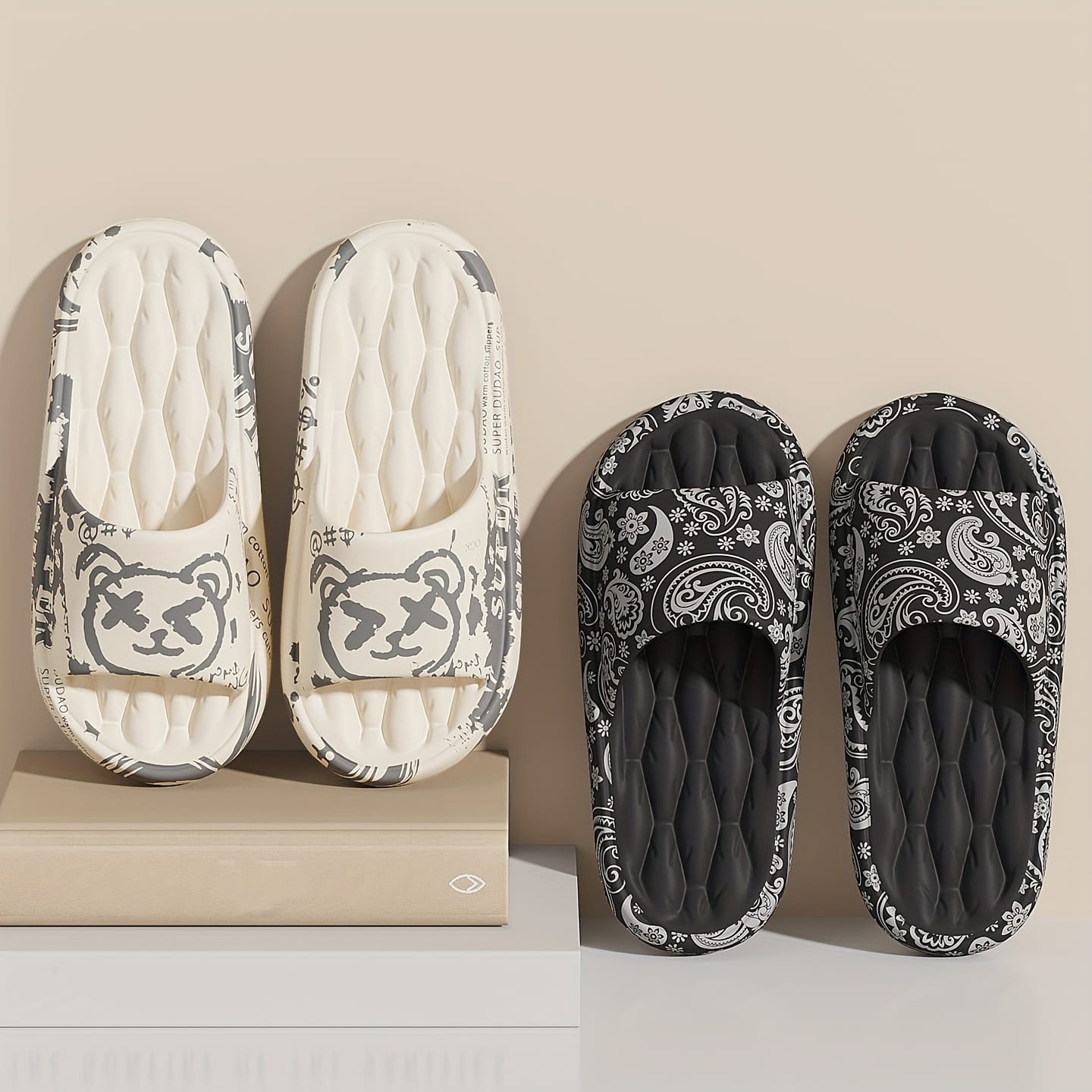 Men'S Large Size Indoor Random Print Casual Slippers, Non-Slip Shower Slip-On Open-Toe Slippers for Outdoor Beach Wear, Couple Slippers