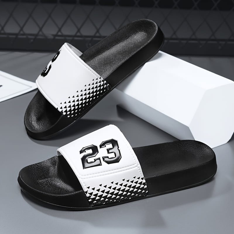 Men's Retro Streetwear Slip-On Sandals - Anti-Slip EVA Foam Casual Shoes with Checkerboard Pattern & Bold '23' Design, Black/Red Colorway for Indoor/Outdoor Use in Spring Summer Fall, Versatile Footwear, Slipresistant Footwear, Indoor Slippers, Urban Style, Durable Footwear, Antislip Soles, Casual Attire