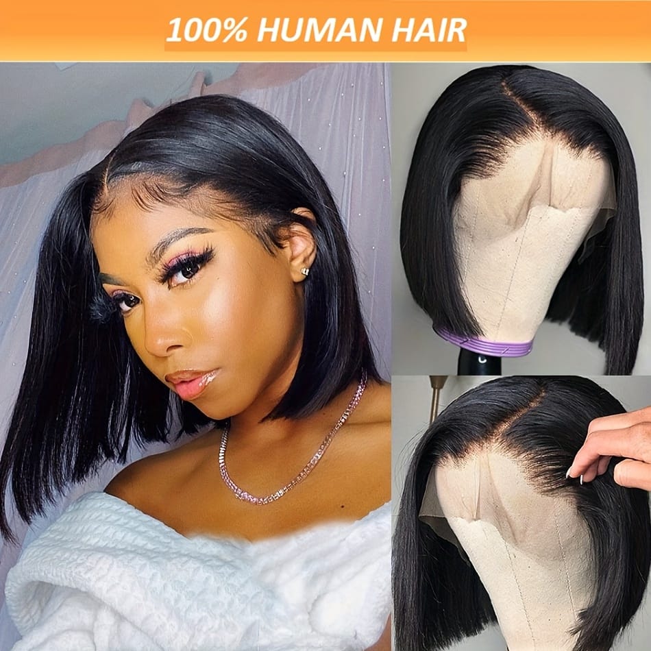 A 13X4 Lace Front Human Hair Wig Featuring a Short Straight Bob Style, Complete with Baby Hair And Pre-Plucked HD Lace. This Brazilian Remy Human Hair Wig for Women Has a Density of 150%.