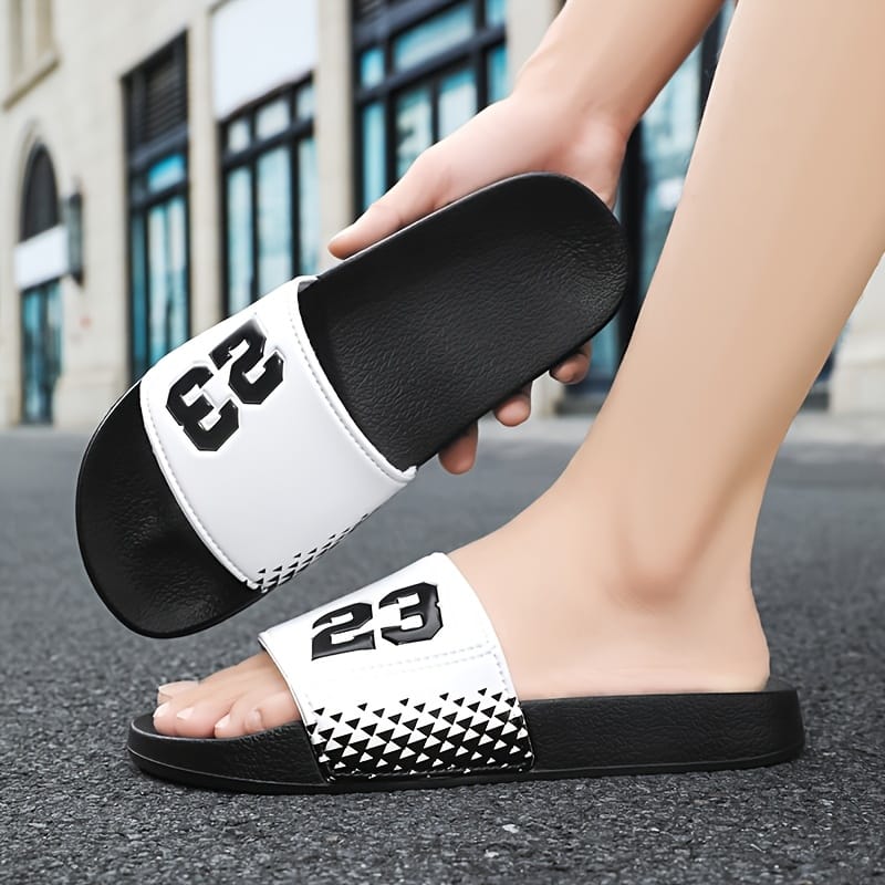 Men's Retro Streetwear Slip-On Sandals - Anti-Slip EVA Foam Casual Shoes with Checkerboard Pattern & Bold '23' Design, Black/Red Colorway for Indoor/Outdoor Use in Spring Summer Fall, Versatile Footwear, Slipresistant Footwear, Indoor Slippers, Urban Style, Durable Footwear, Antislip Soles, Casual Attire