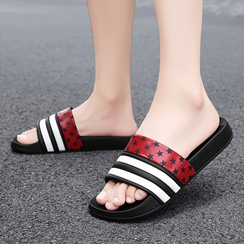 Men's Black Slides with Red & White Star Pattern - Non-Slip, Odor-Resistant Summer Slippers for Indoor & Outdoor Use, Comfortable EVA/PU Upper & Rubber Sole