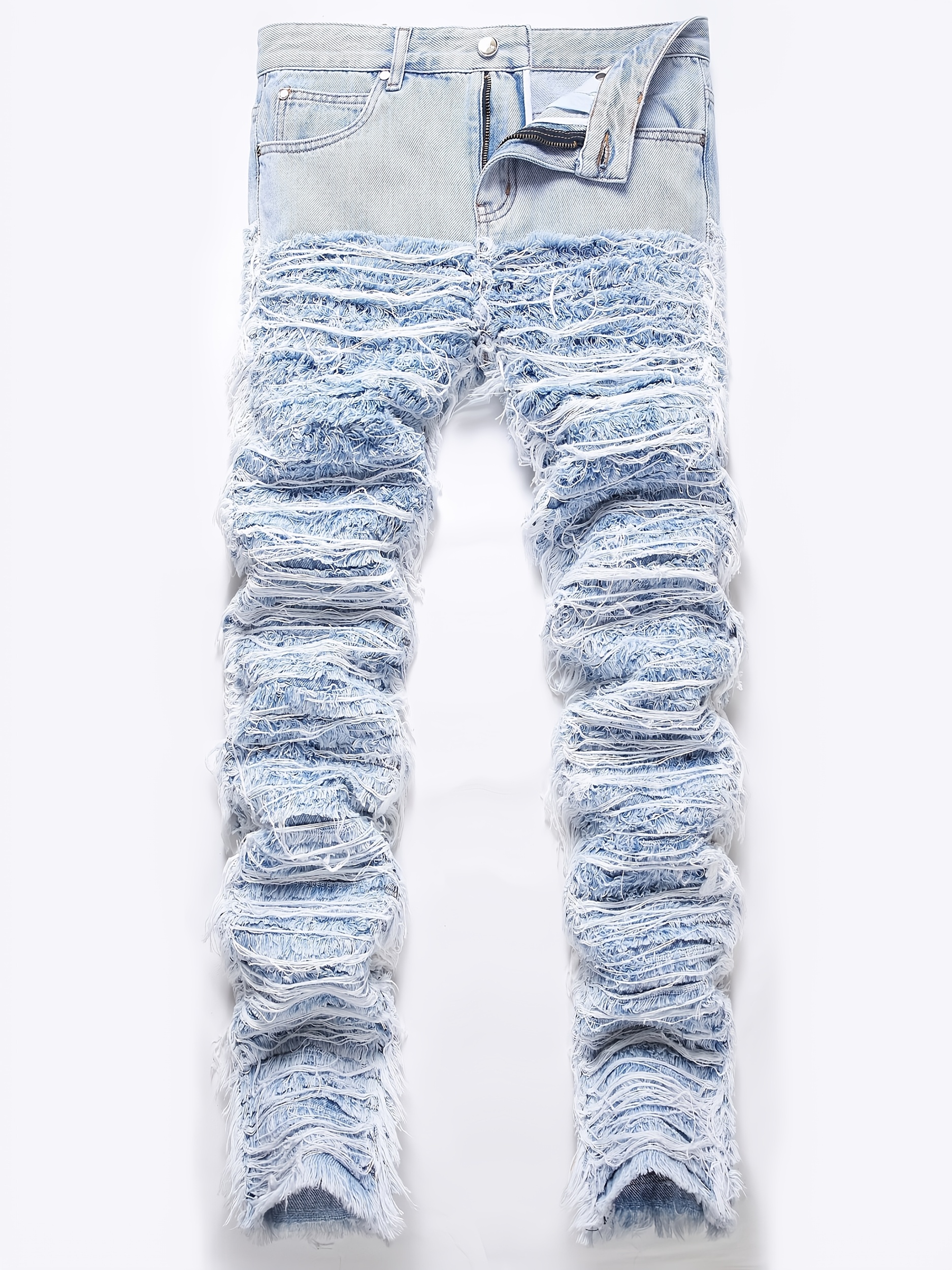 Men'S High-Street Hip-Hop Style Washed Distressed Denim Jeans with Frayed Hem & Tassel Details - Straight-Leg, Non-Stretch, All-Season Casual Pants for Teens, Allseason Jeans, Streetwear Fashion, Vintage Washed Jeans