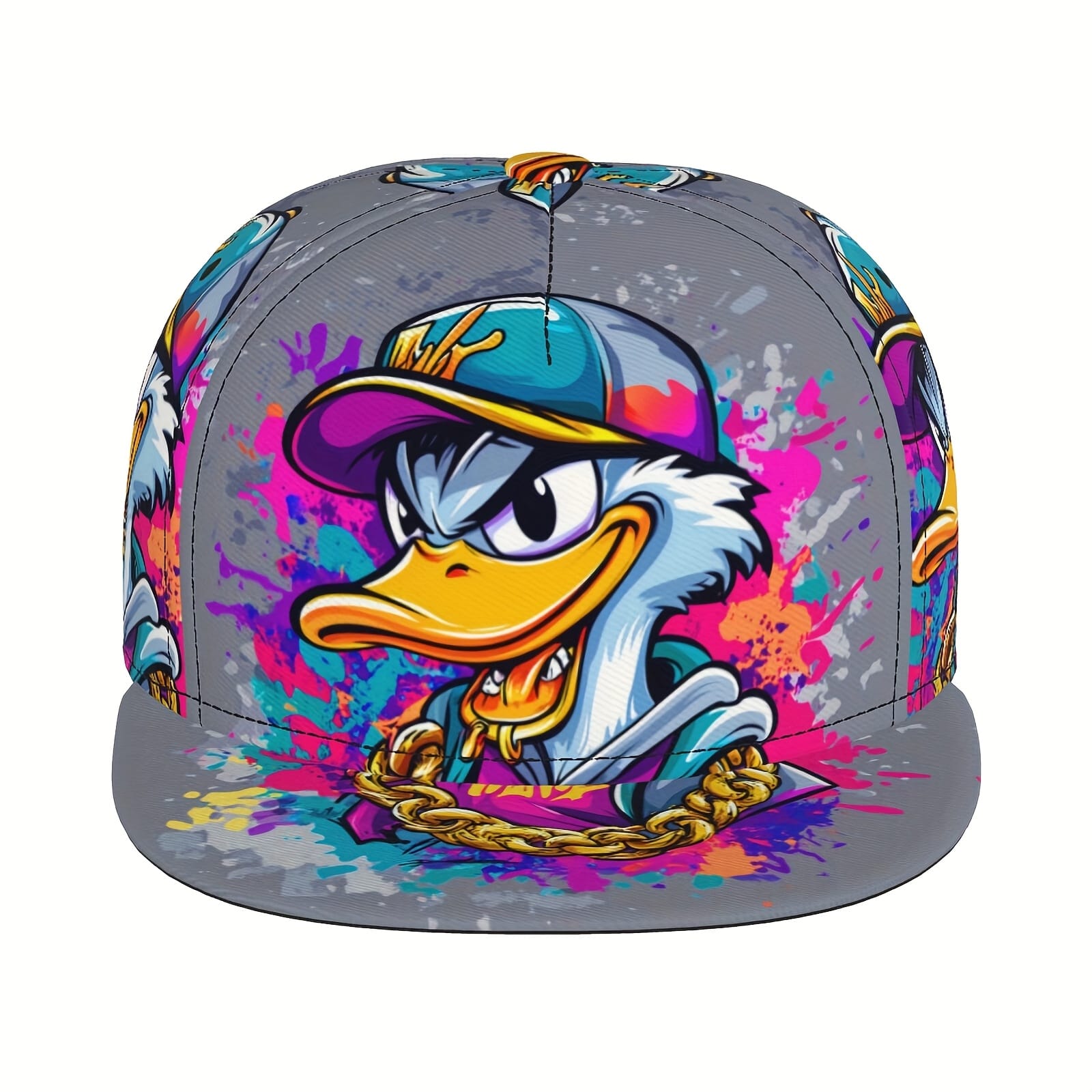 Unisex Adjustable Snapback Baseball Cap - Vibrant Graffiti Cartoon Duck Street Art Design, Lightweight 100% Polyester, Machine Washable, Flat Brim Trucker Hat for Men & Women, Perfect Gift for Father's Day, Mother's Day, Beach & Casual Wear