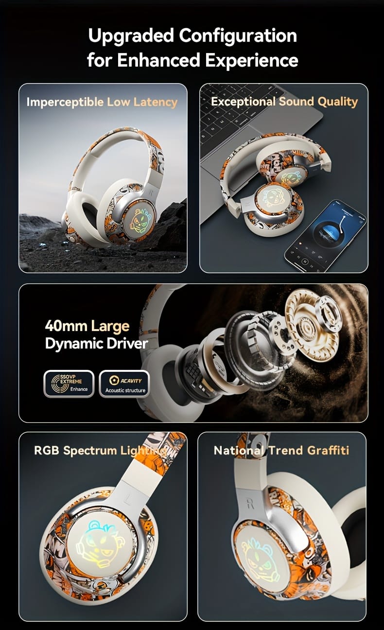 15-Hour Battery Life, Wireless Over-Ear Headphones with Lithium Battery - Low-Power Operation, Ideal for Gaming & Music, Outdoor Use, Push Button Control, Volume Control, No Charging Case, Gaming Headphones|Graffiti Design Headphones|Pushbutton Control Headphones