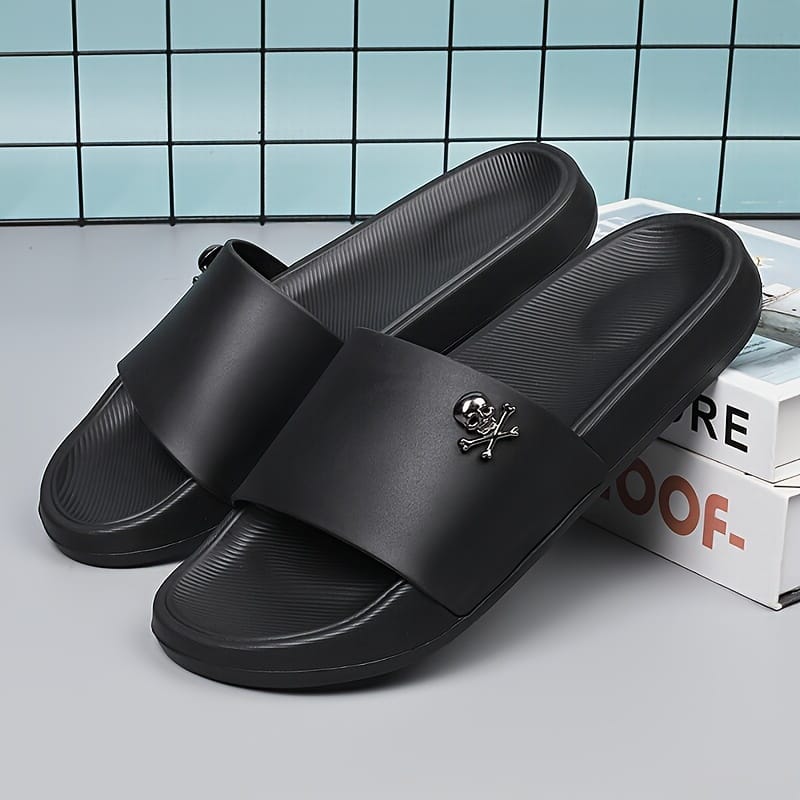 Men's Slip-On Sandals with Skull Buckle Design - Lightweight PVC Upper & EVA Sole, Anti-Slip Comfort for Beach, Casual, Indoor/Outdoor Use - All-Season Black Unisex Slippers