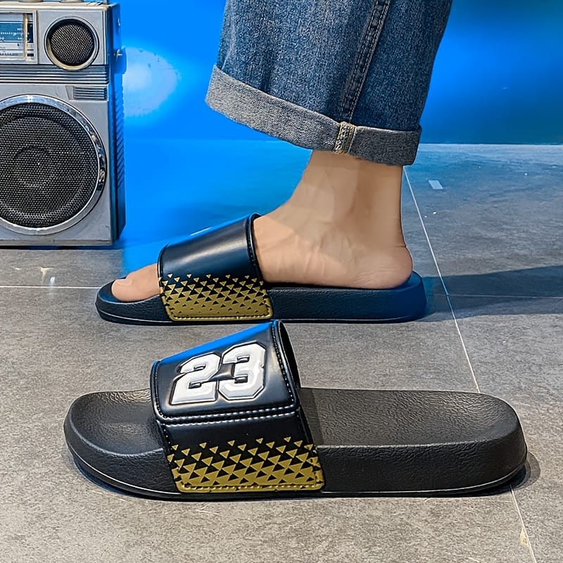 Men's Retro Streetwear Slip-On Sandals - Anti-Slip EVA Foam Casual Shoes with Checkerboard Pattern & Bold '23' Design, Black/Red Colorway for Indoor/Outdoor Use in Spring Summer Fall, Versatile Footwear, Slipresistant Footwear, Indoor Slippers, Urban Style, Durable Footwear, Antislip Soles, Casual Attire